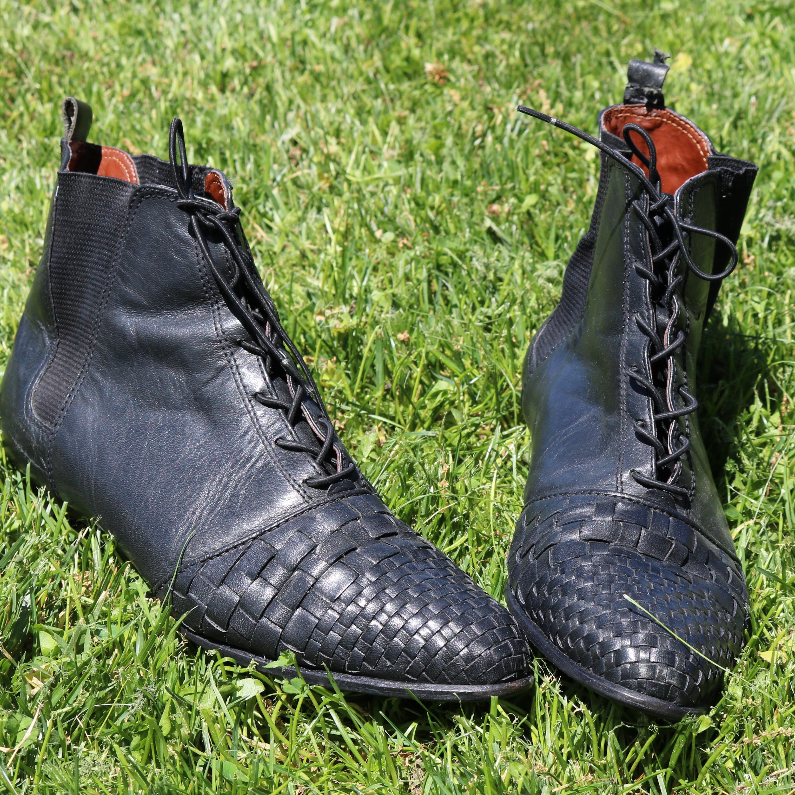 Lace-up Leather Booties with Woven Leather Tips