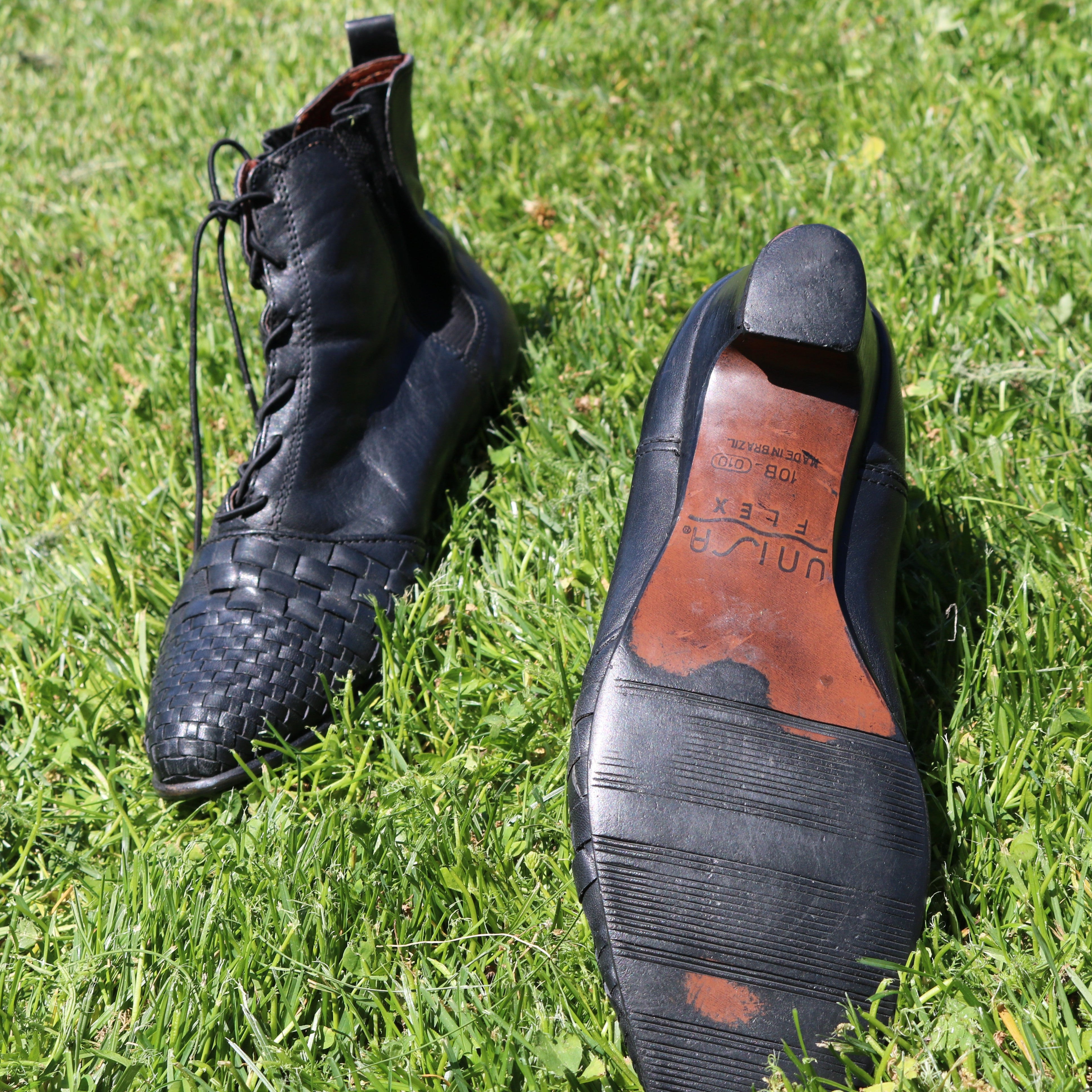 Lace-up Leather Booties with Woven Leather Tips