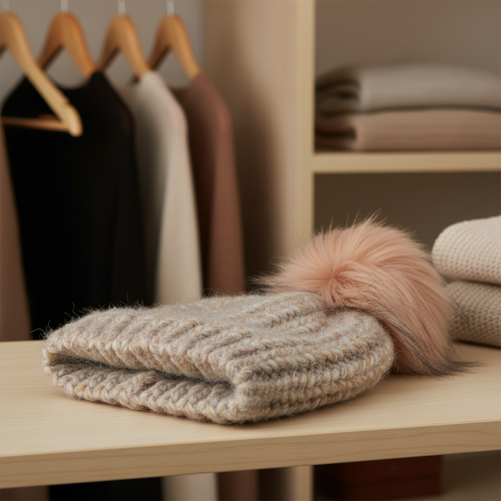 Stit Estro Lurex Melangle Faux Fur Pompom Beanie Color Tan