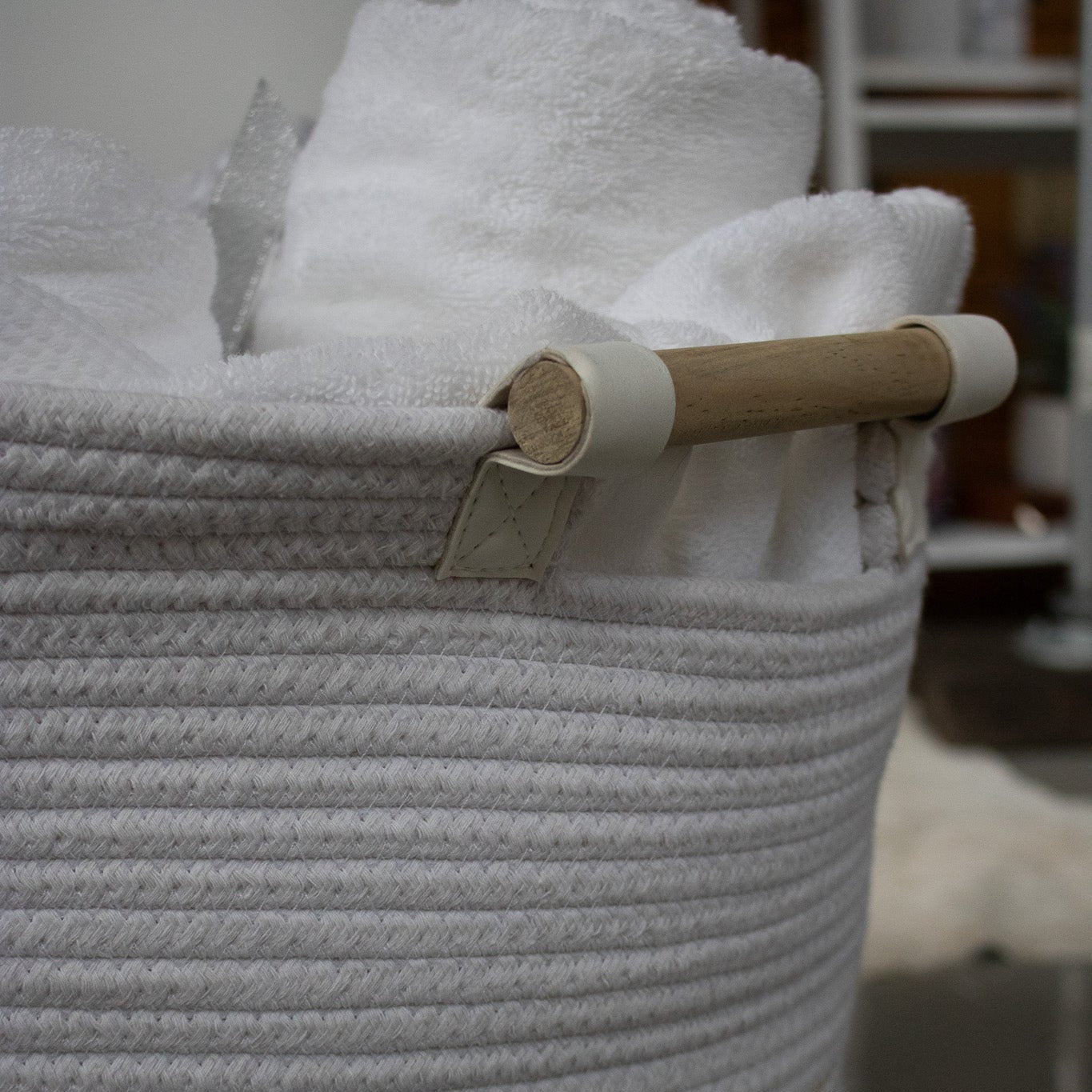 RGI Home Extra-Large Woven White Basket with Wooden Handles