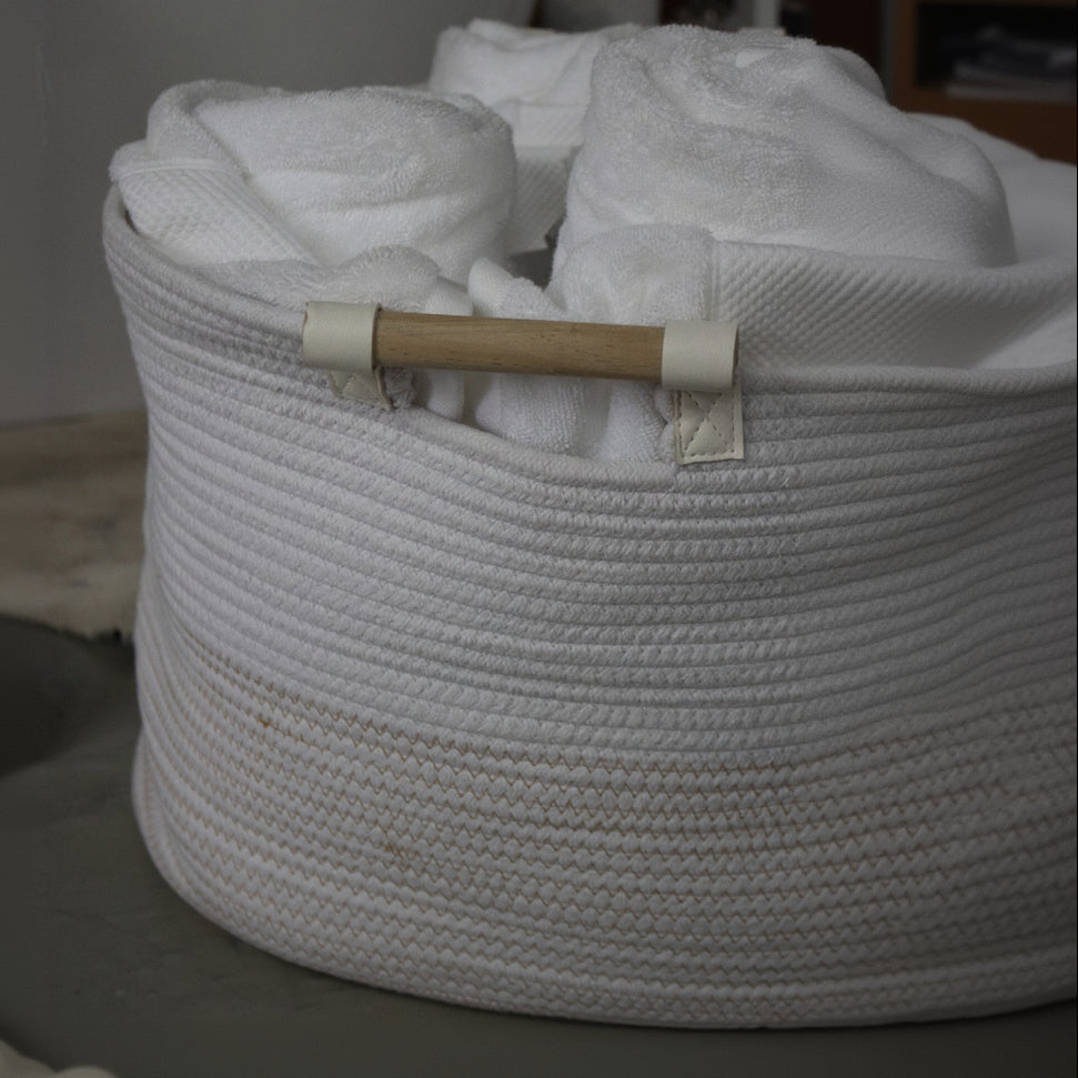RGI Home Extra-Large Woven White Basket with Wooden Handles