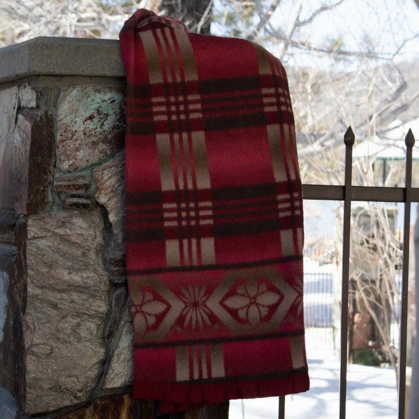 Vintage Red Tan Brown Blanket 6ft Red Ribbon Trimmed