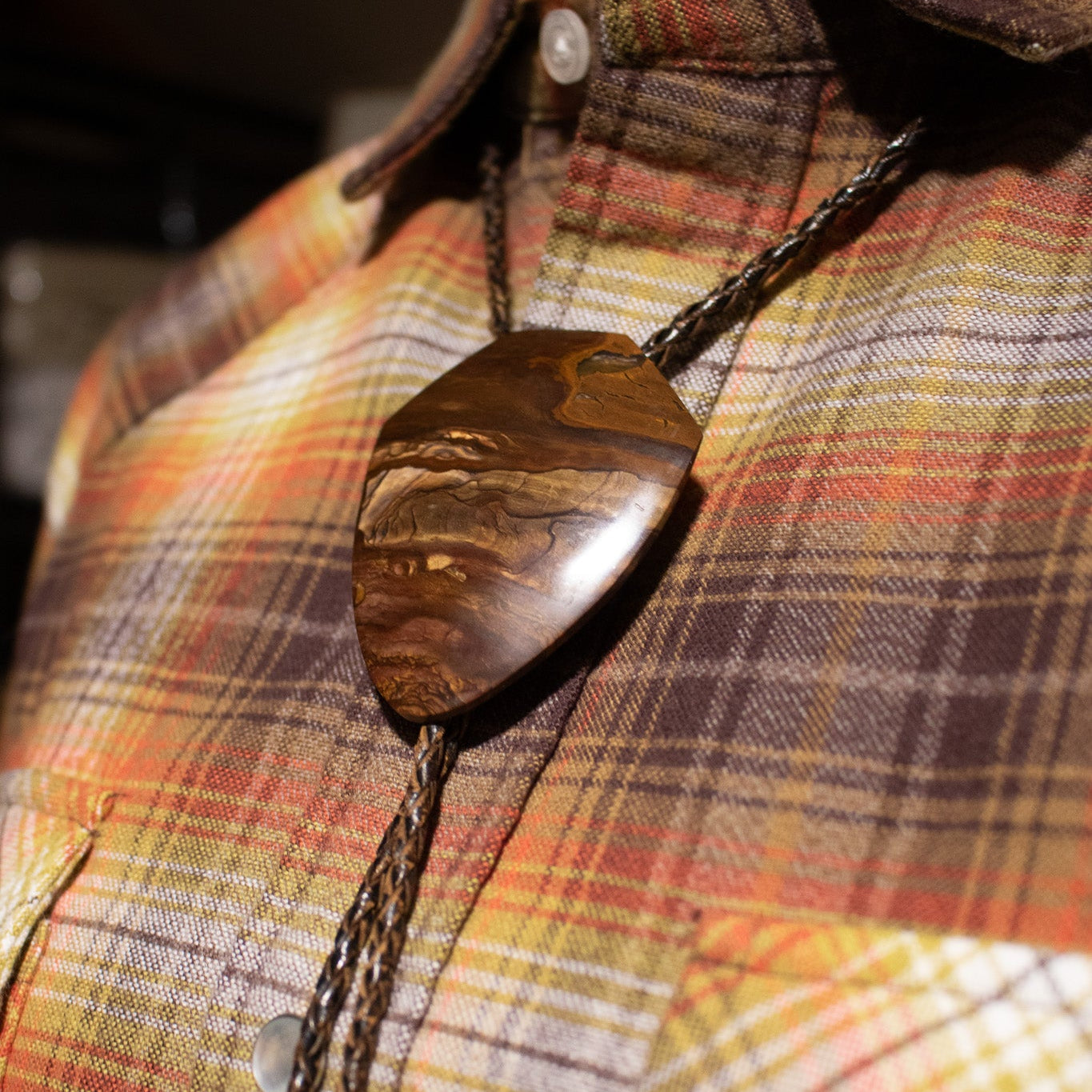 Large Petrified Wood Medallion Bolo Tie