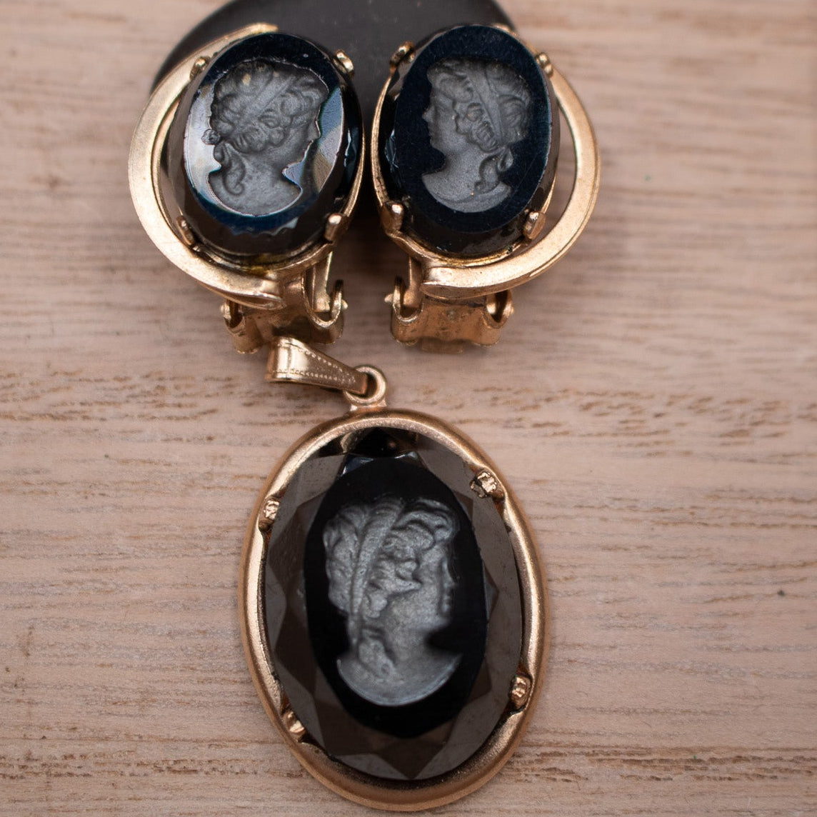 Vintage 1970's Intaglio Carved Victorian Women Cameo Style Earring and Charm Jewelry Set