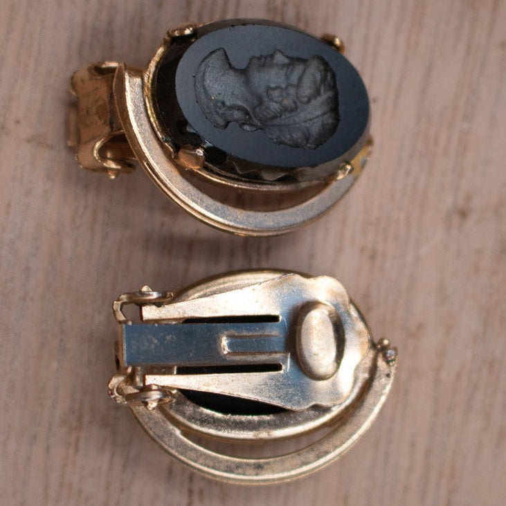 Vintage 1970's Intaglio Carved Victorian Women Cameo Style Earring and Charm Jewelry Set