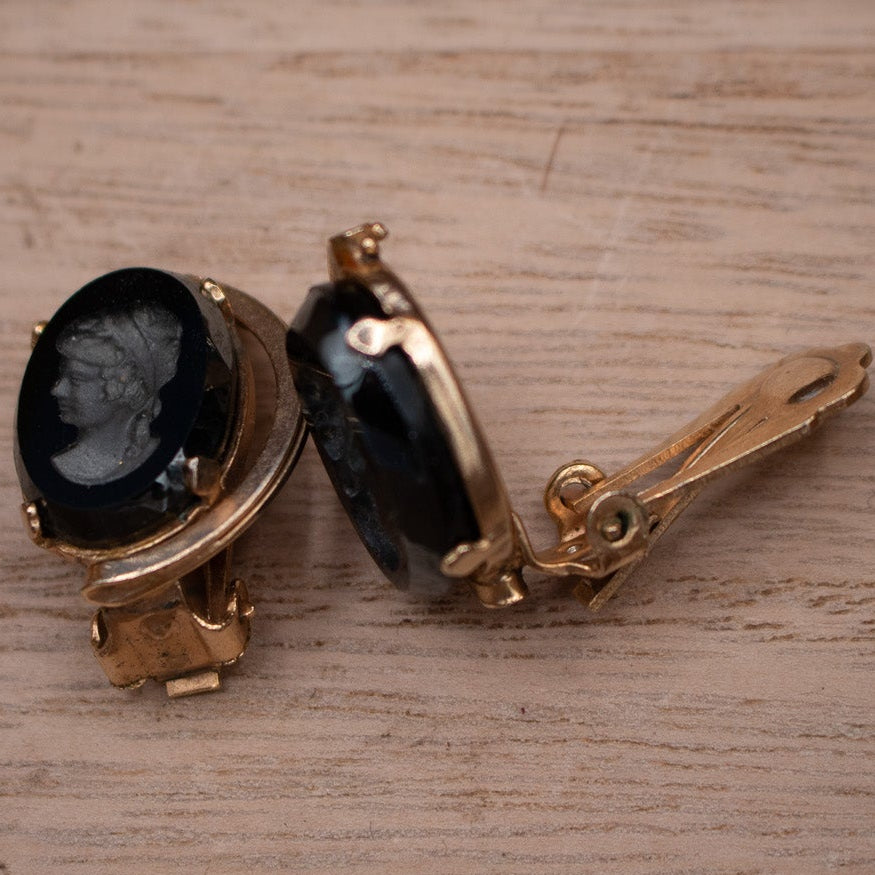 Vintage 1970's Intaglio Carved Victorian Women Cameo Style Earring and Charm Jewelry Set