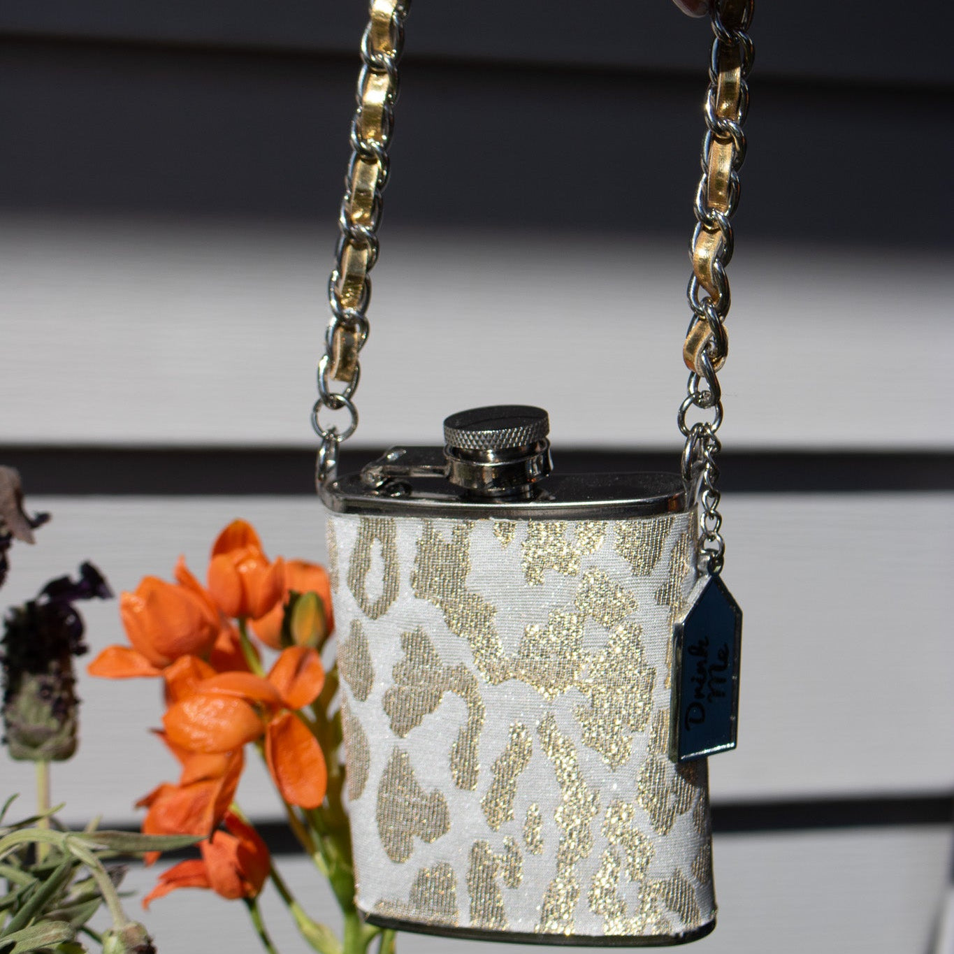 Wide Eye Design Gold and White Cheetah Print Mini Flask