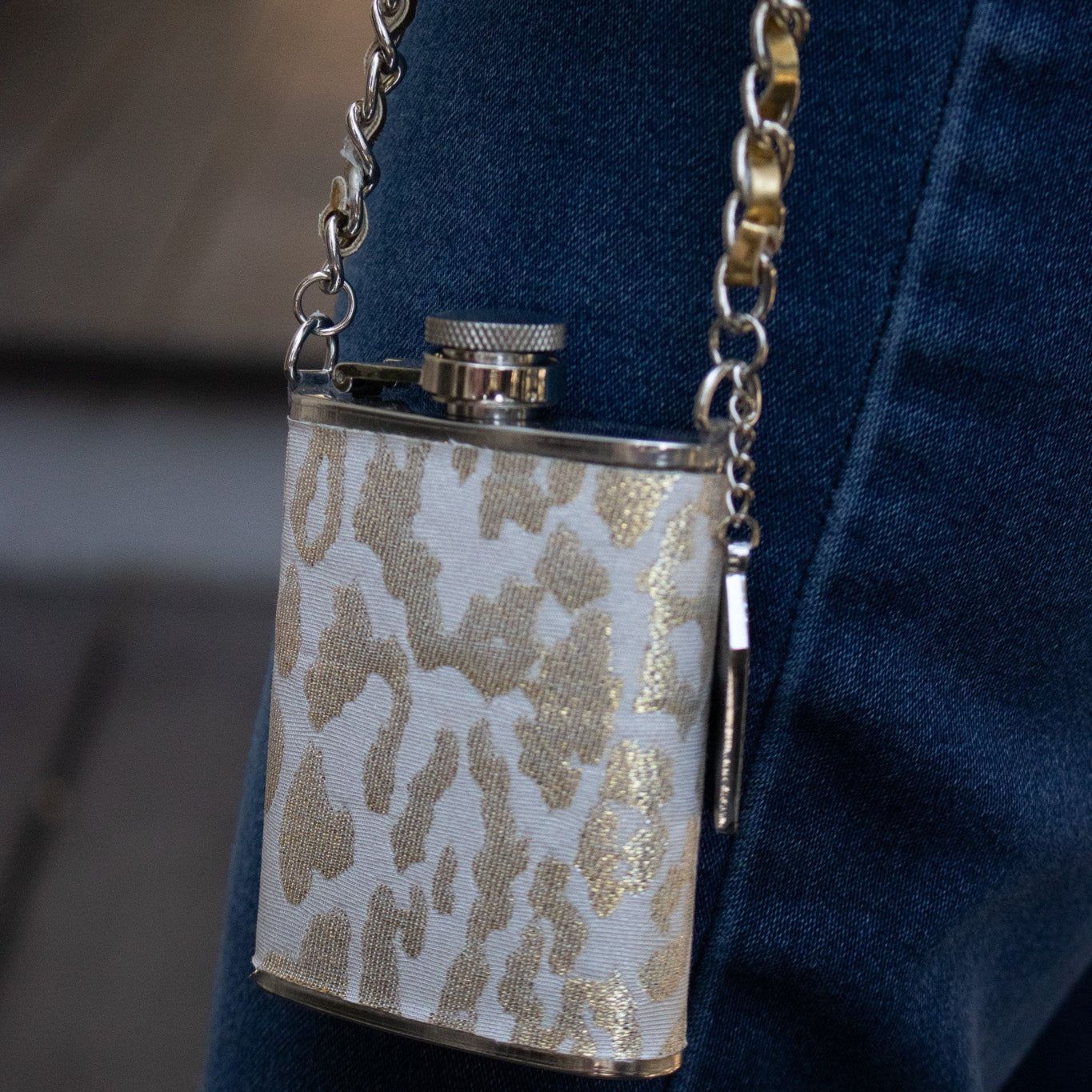 Wide Eye Design Gold and White Cheetah Print Mini Flask