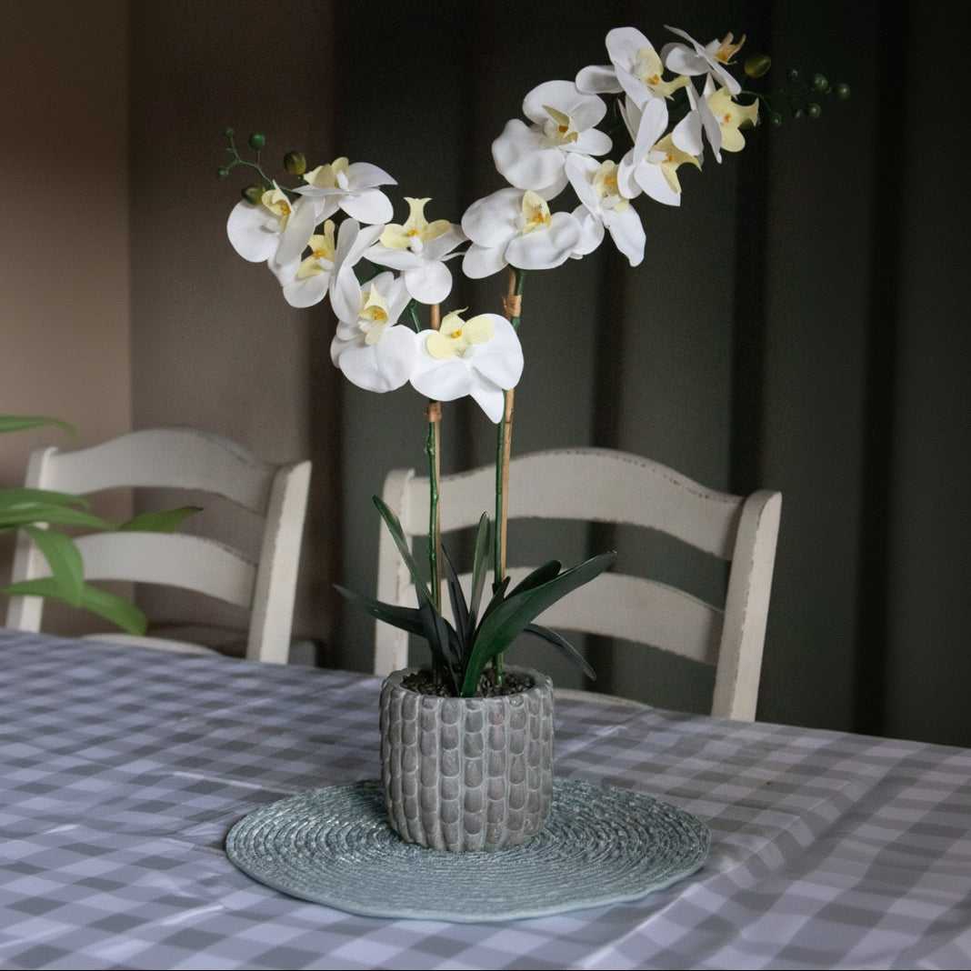 Lecasa Handcrafted Faux White Yellow Orchid In Textured Green Grey Pot