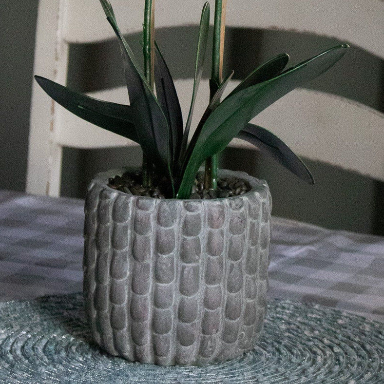 Lecasa Handcrafted Faux White Yellow Orchid In Textured Green Grey Pot