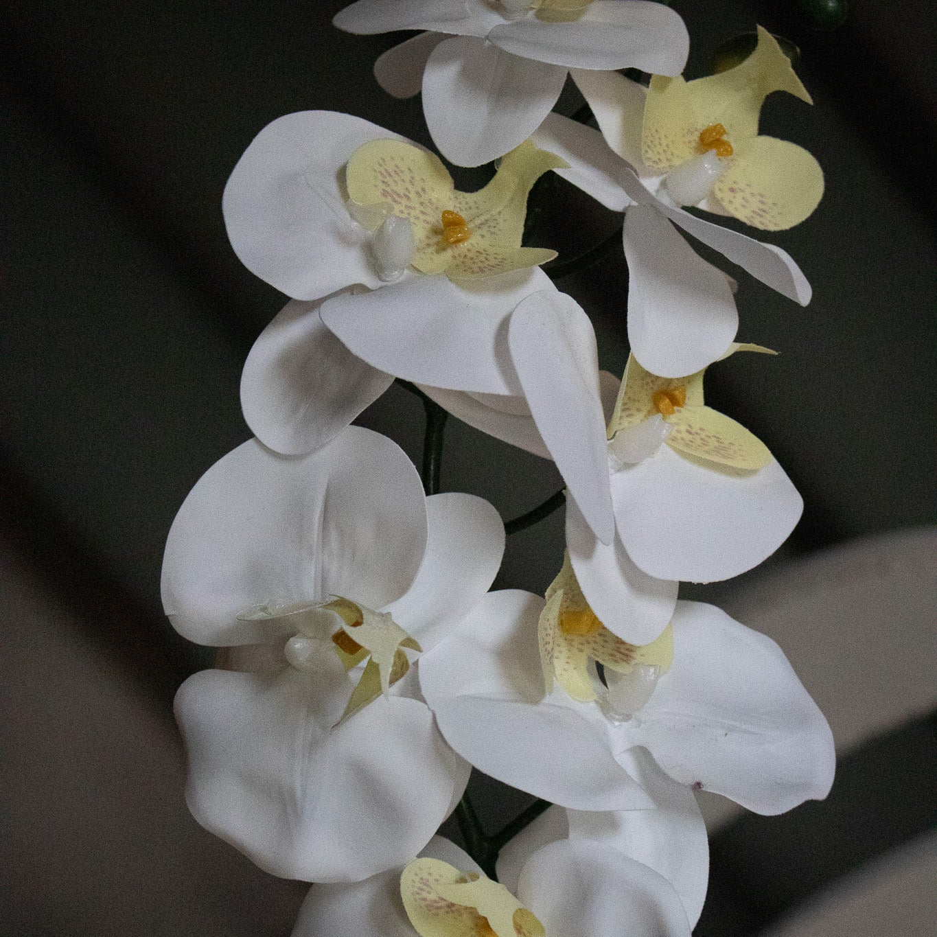 Lecasa Handcrafted Faux White Yellow Orchid In Textured Green Grey Pot