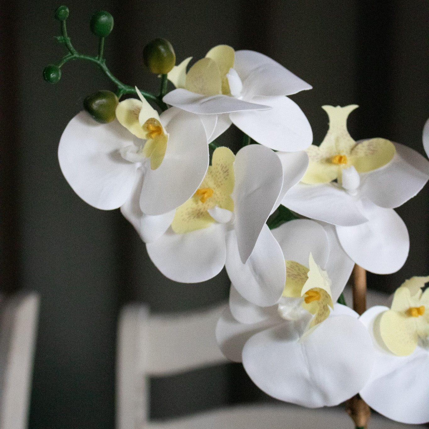 Lecasa Handcrafted Faux White Yellow Orchid In Textured Green Grey Pot