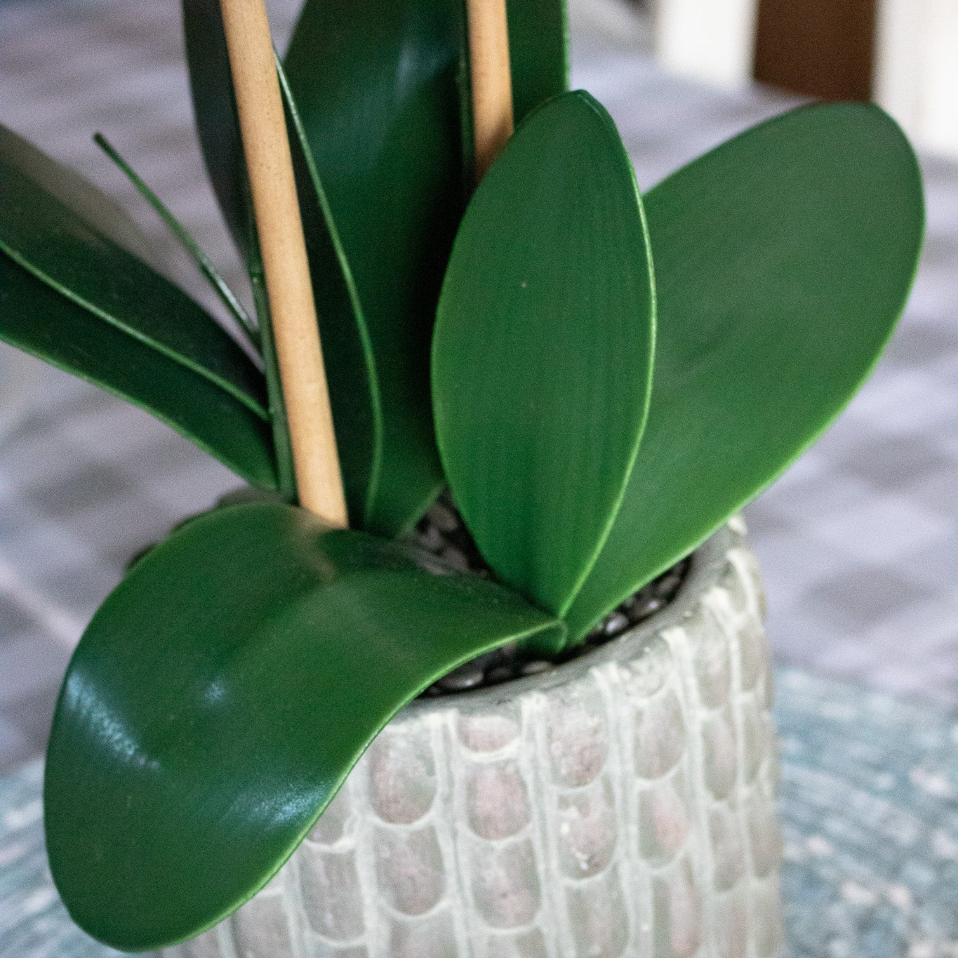 Lecasa Handcrafted Faux White Yellow Orchid In Textured Green Grey Pot