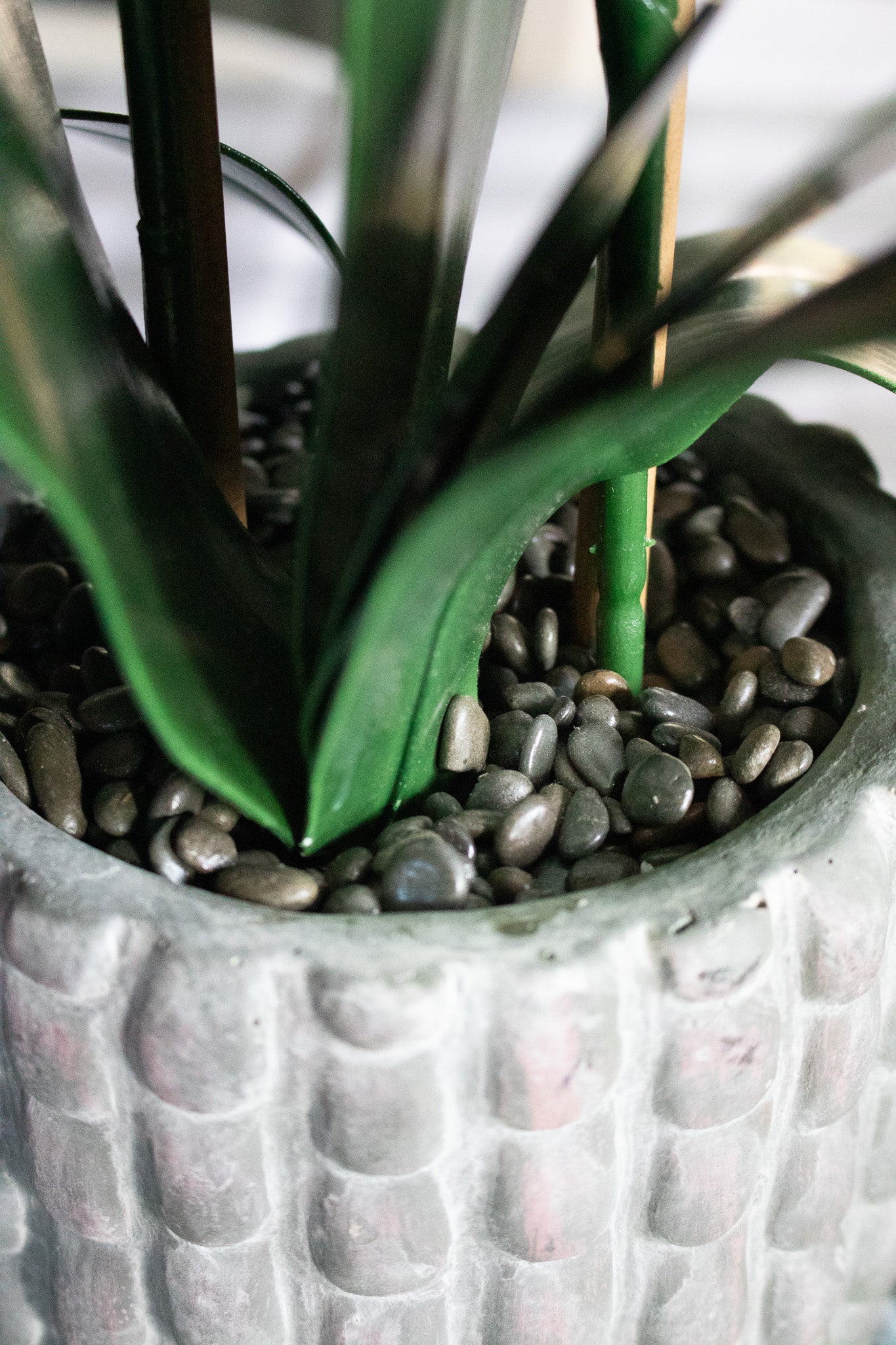 Lecasa Handcrafted Faux White Yellow Orchid In Textured Green Grey Pot