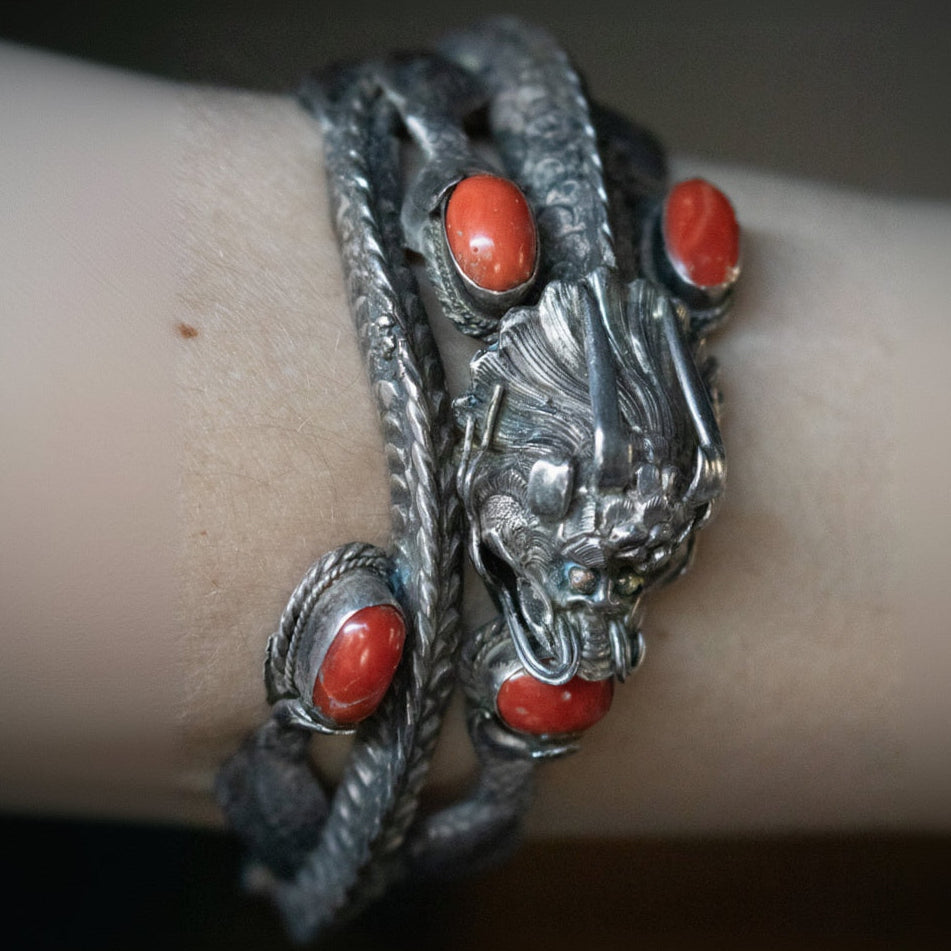 1980's Chinese Sterling Silver Tabet Dragon Bracelet