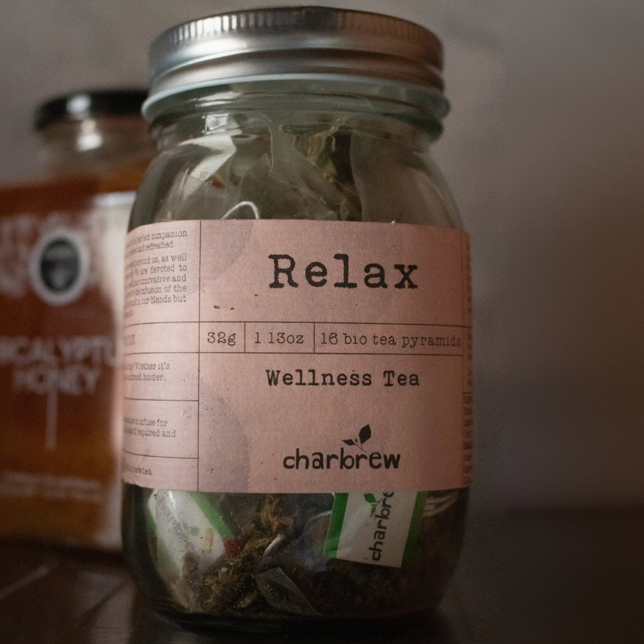 Charbrew Relax Wellness Tea Jar with 16 Bio Tea Pyramids