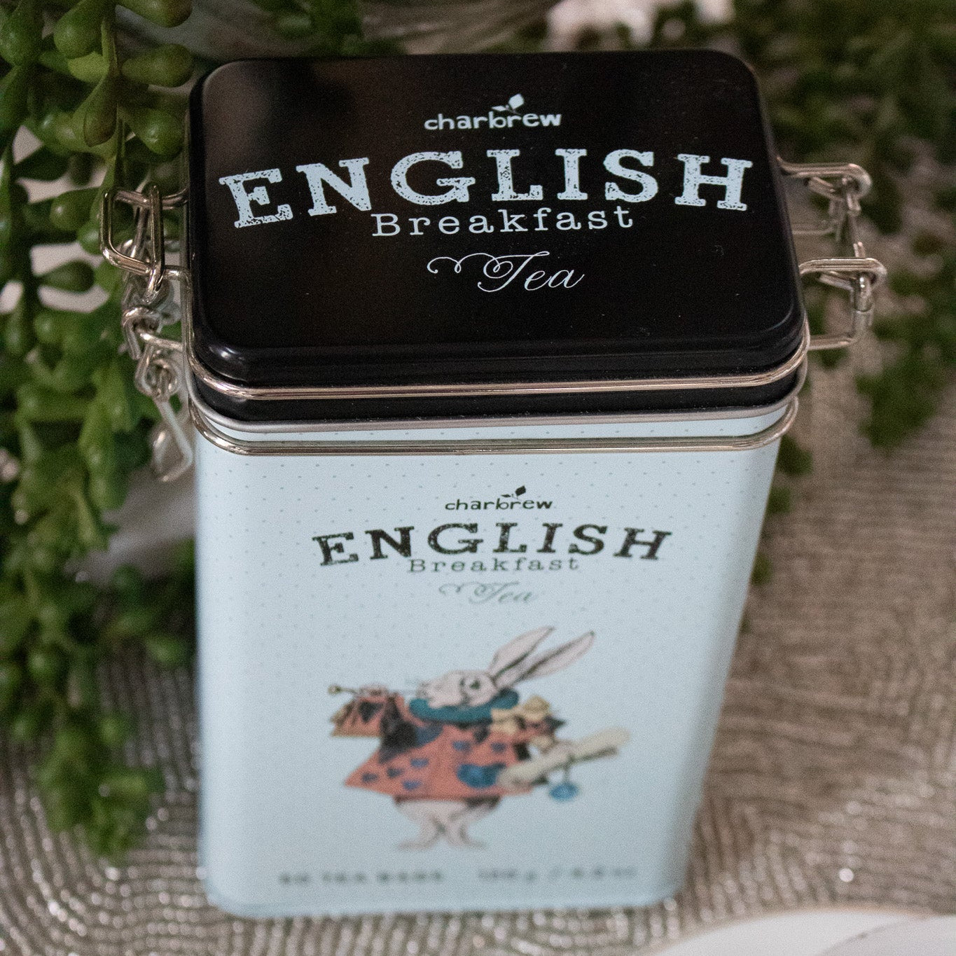 Charbrew English Breakfast Tea 60 Bags with Decorative Collectors Alice in Wonderland March Hare 4.2oz Tin