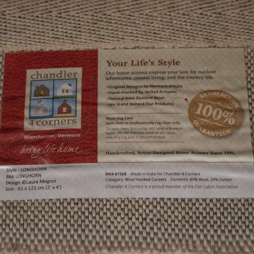 Chandler 4 Corners Longhorn Wool Rug – Handcrafted Hooked Design for Rustic Homes.