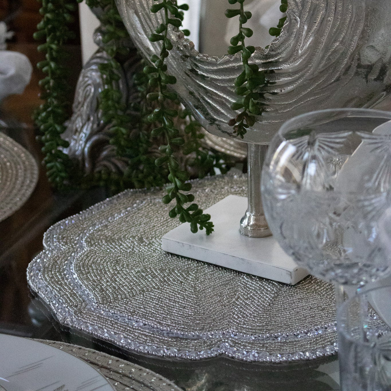 Elegant Rachel Zoe -Beaded Silver Charger