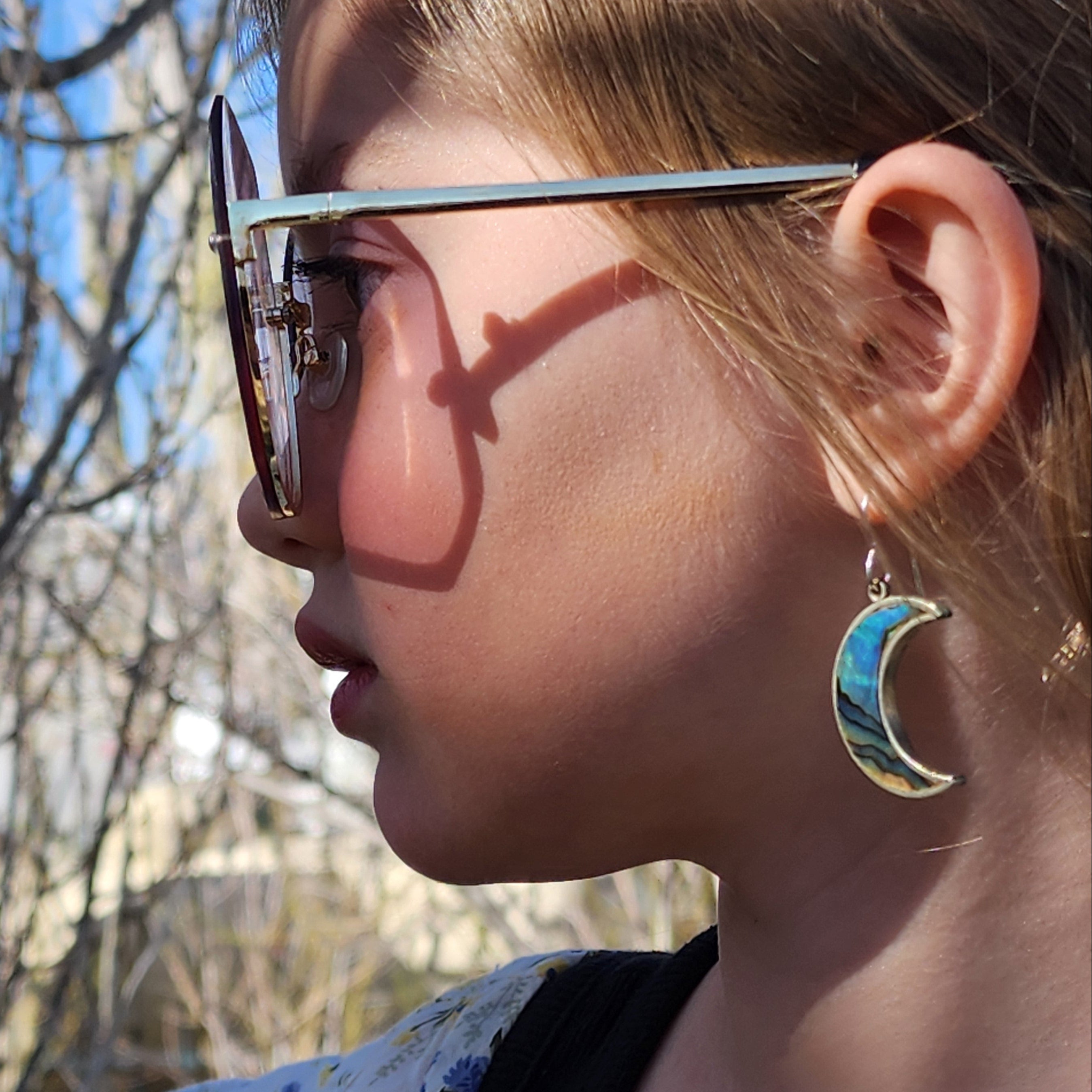 Sterling Silver Native American Zuni Navajo Abalone Moon Earrings