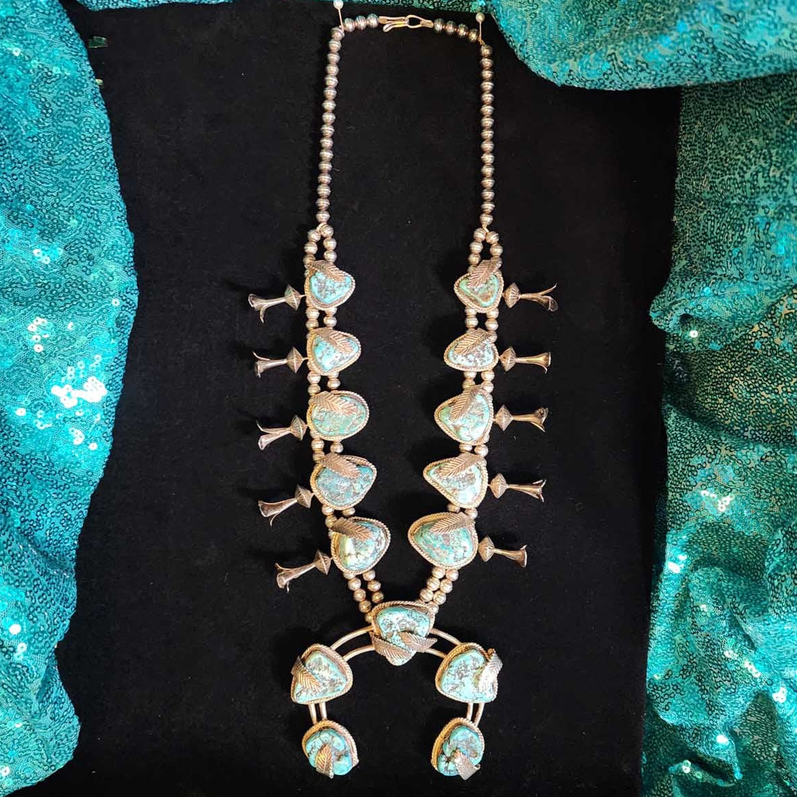 Vintage Navajo Turquoise Squash Blossom Necklace with Silver Leaf Detail
