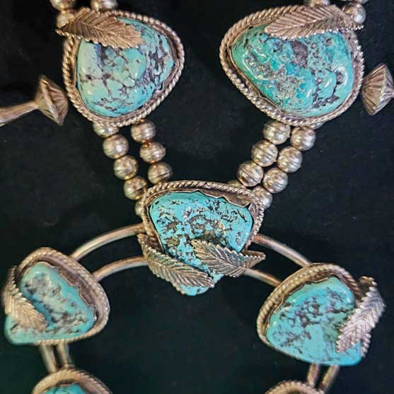 Vintage Navajo Turquoise Squash Blossom Necklace with Silver Leaf Detail