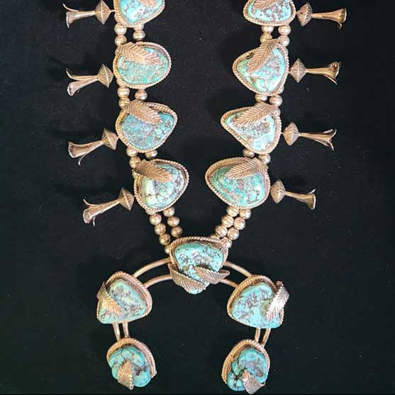 Vintage Navajo Turquoise Squash Blossom Necklace with Silver Leaf Detail