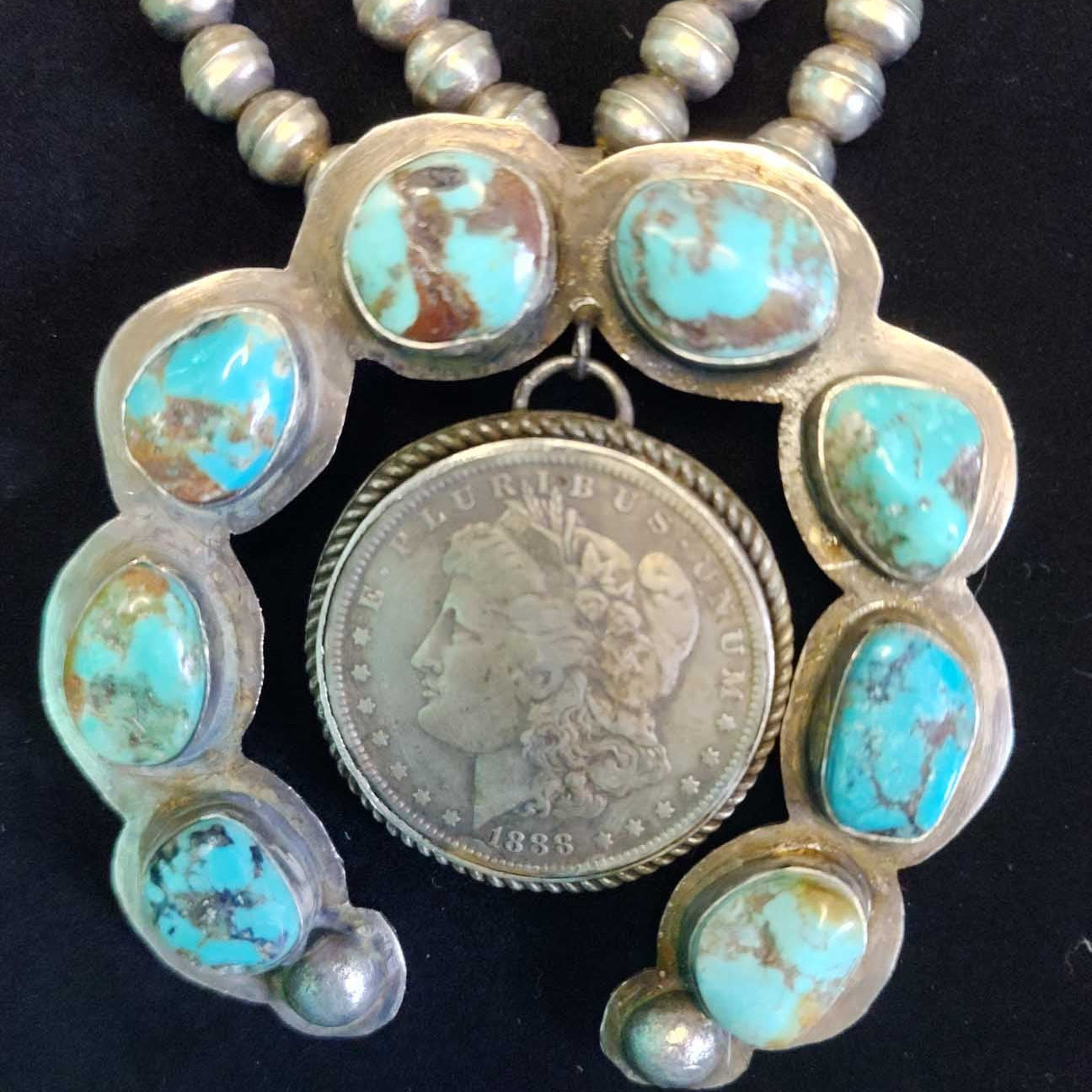 Vintage Native American Navajo Turquoise Sterling Silver Squash Blossom Necklace