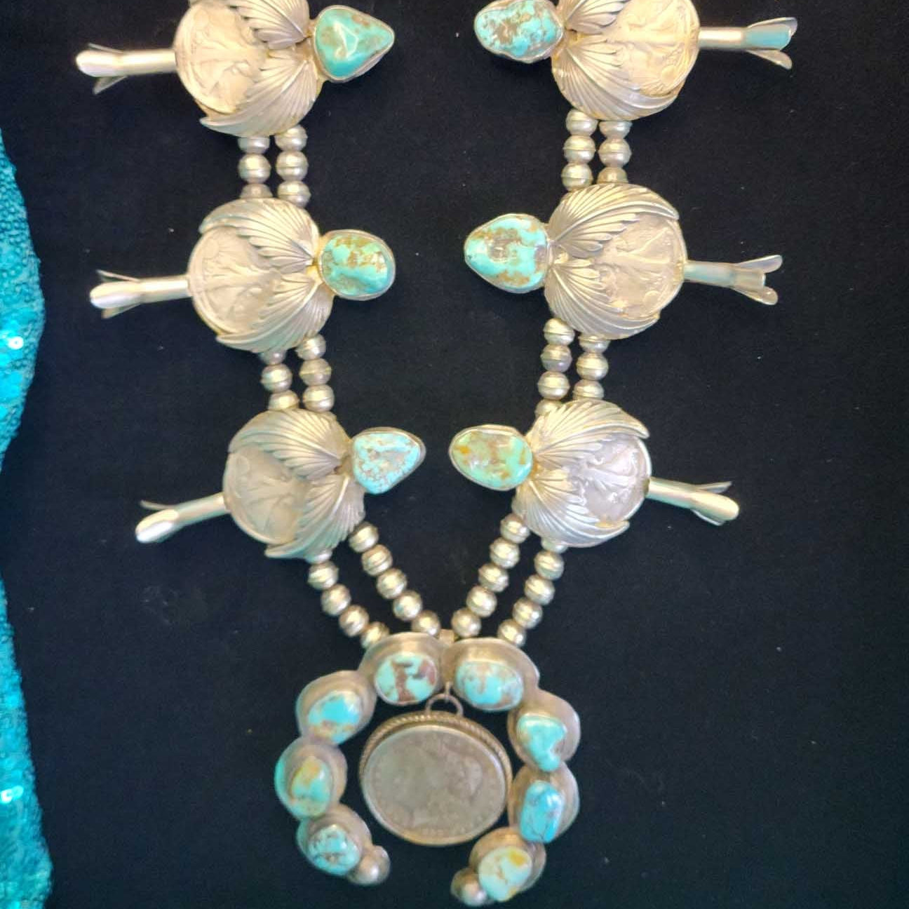 Vintage Native American Navajo Turquoise Sterling Silver Squash Blossom Necklace
