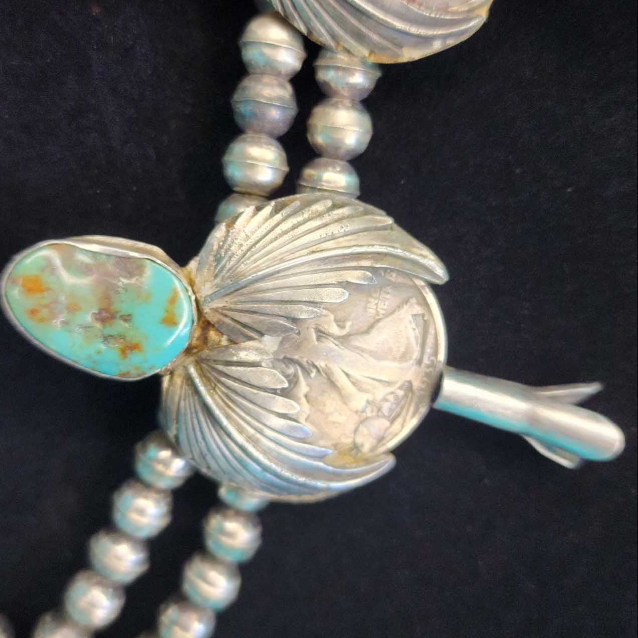 Vintage Native American Navajo Turquoise Sterling Silver Squash Blossom Necklace