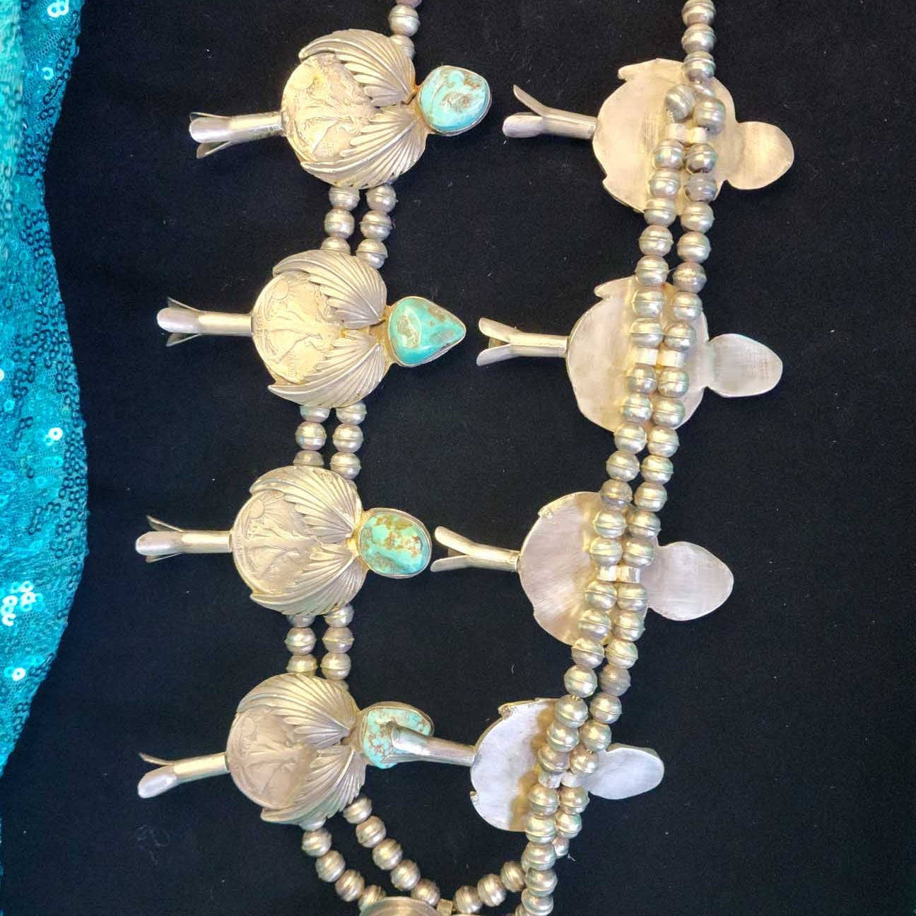 Vintage Native American Navajo Turquoise Sterling Silver Squash Blossom Necklace