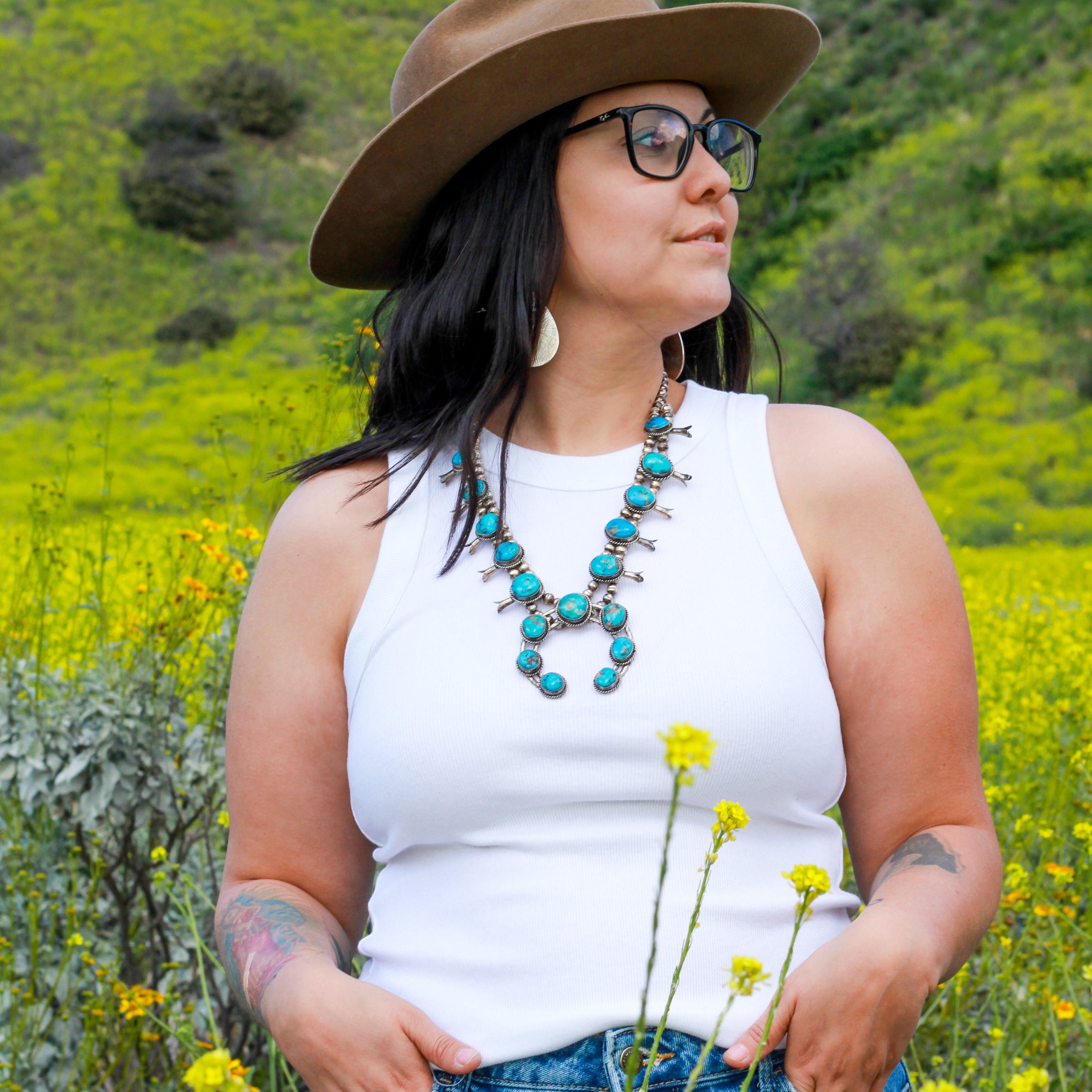 Vintage Navajo Turquoise and Sterling Silver Squash Blossom Necklace Crafted from Morenci