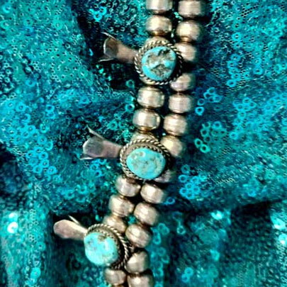 Vintage Navajo Kingman Turquoise Sterling Silver Squash Blossom Necklace