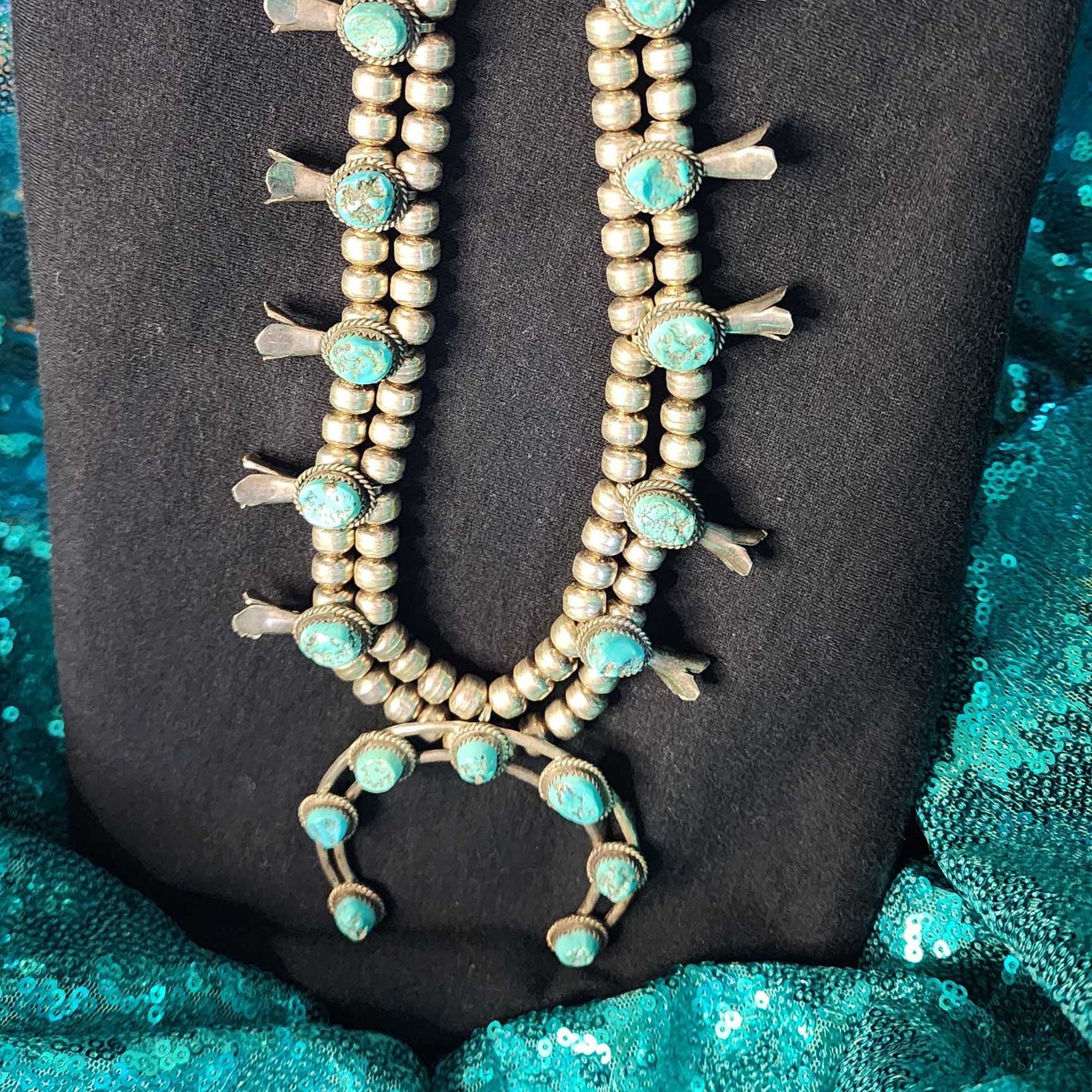 Vintage Navajo Kingman Turquoise Sterling Silver Squash Blossom Necklace