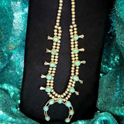 Vintage Navajo Kingman Turquoise Sterling Silver Squash Blossom Necklace
