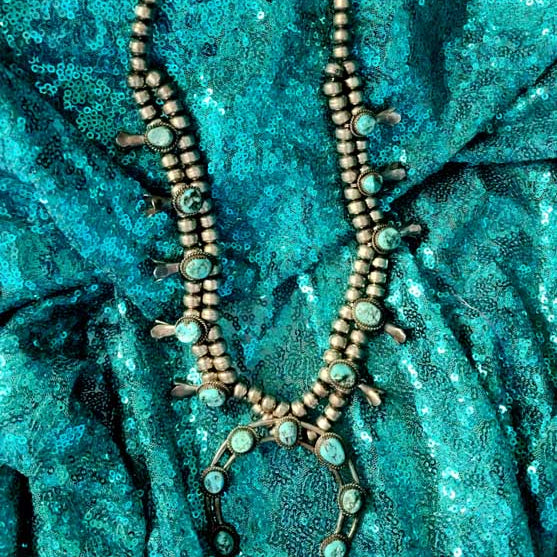 Vintage Navajo Kingman Turquoise Sterling Silver Squash Blossom Necklace