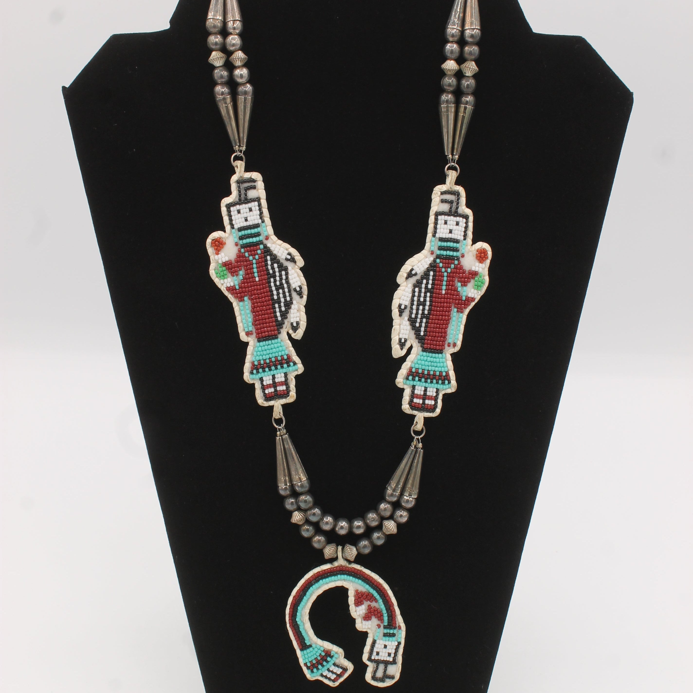 Vintage Hand-stitched On Deer Skin Yei Necklace With Navajo Pearls