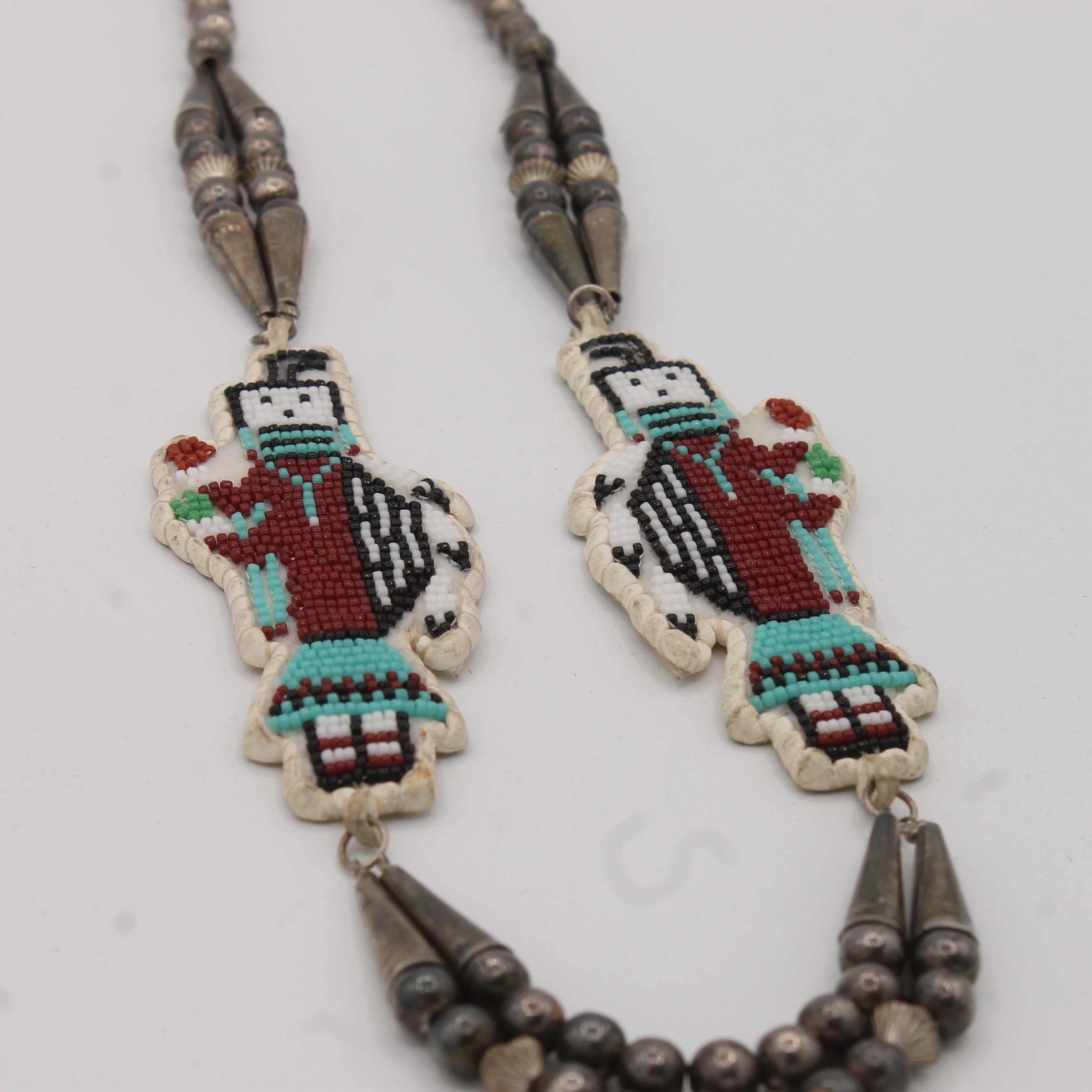 Vintage Hand-stitched On Deer Skin Yei Necklace With Navajo Pearls