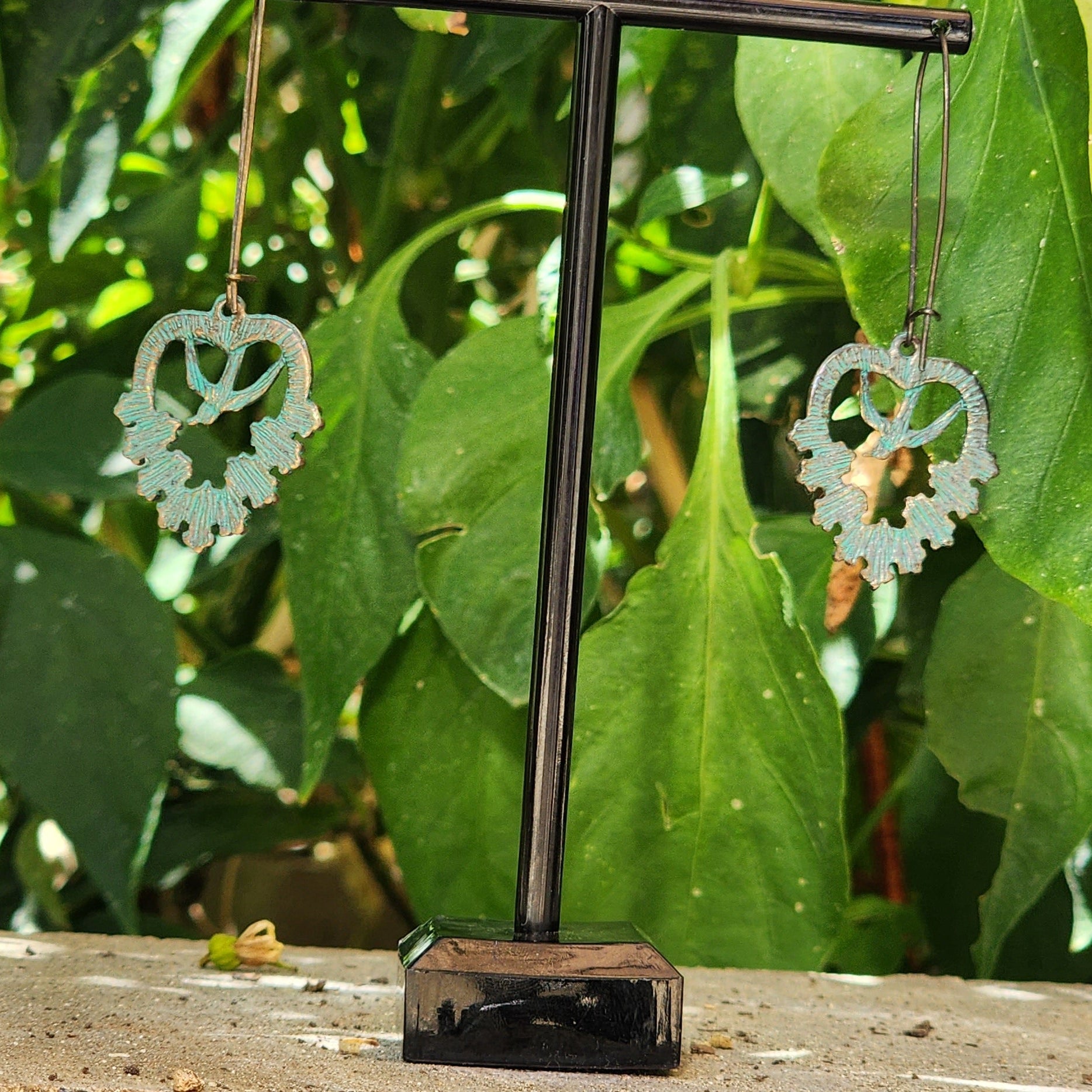 Turquoise Patina Bird Heart Earrings Boho Western Dangle Earrings Rustic Statement Jewelry