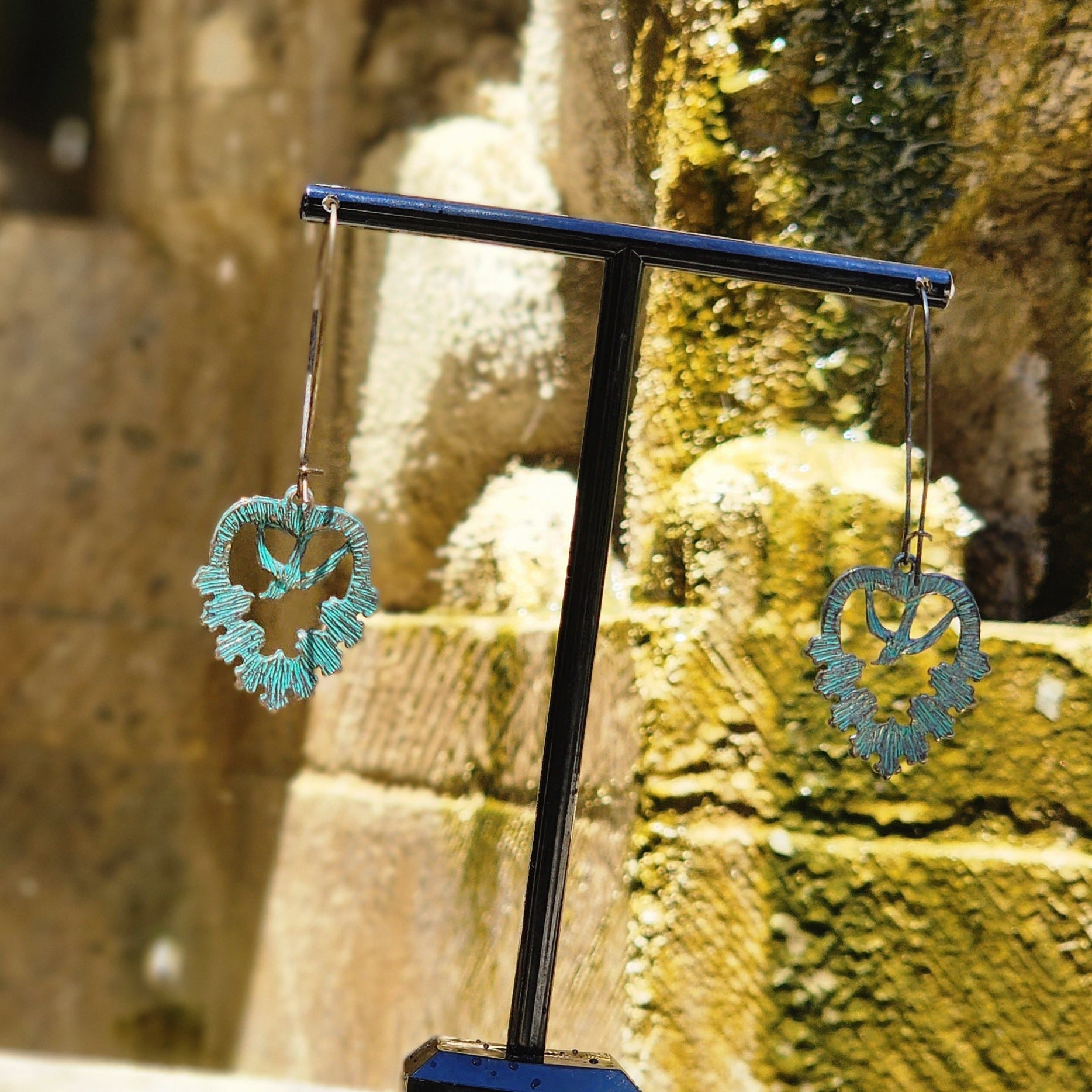 Turquoise Patina Bird Heart Earrings Boho Western Dangle Earrings Rustic Statement Jewelry