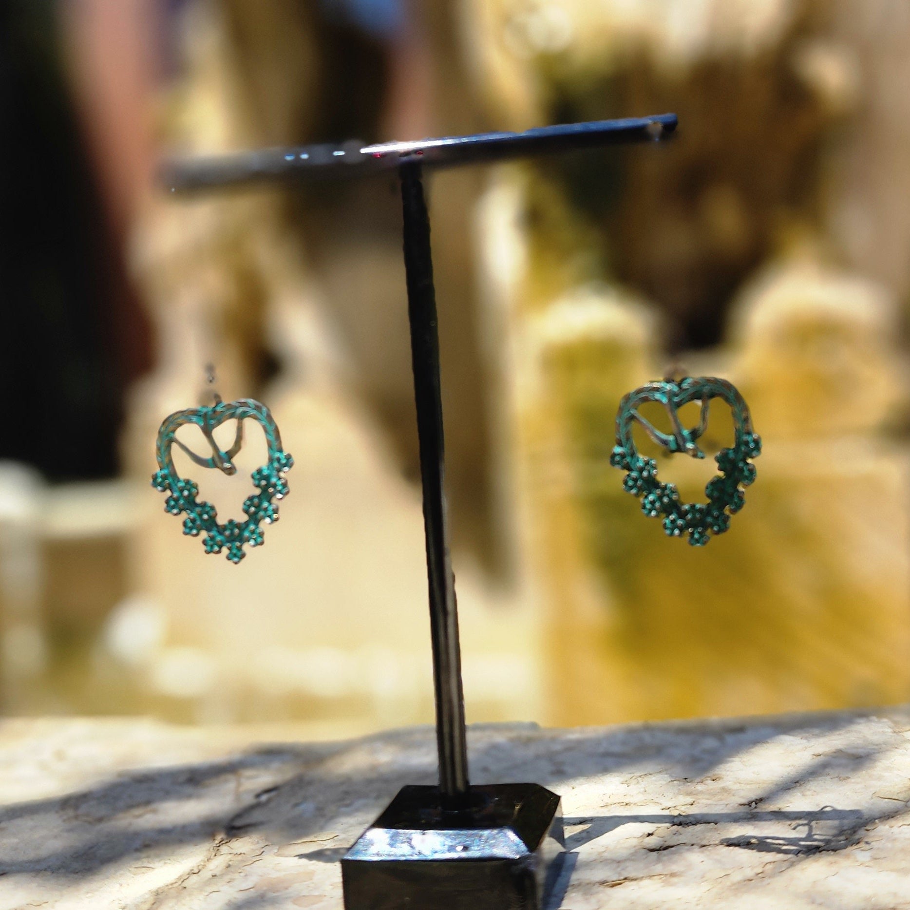 turquoise patina bird heart earrings boho western rustic dangle earrings
