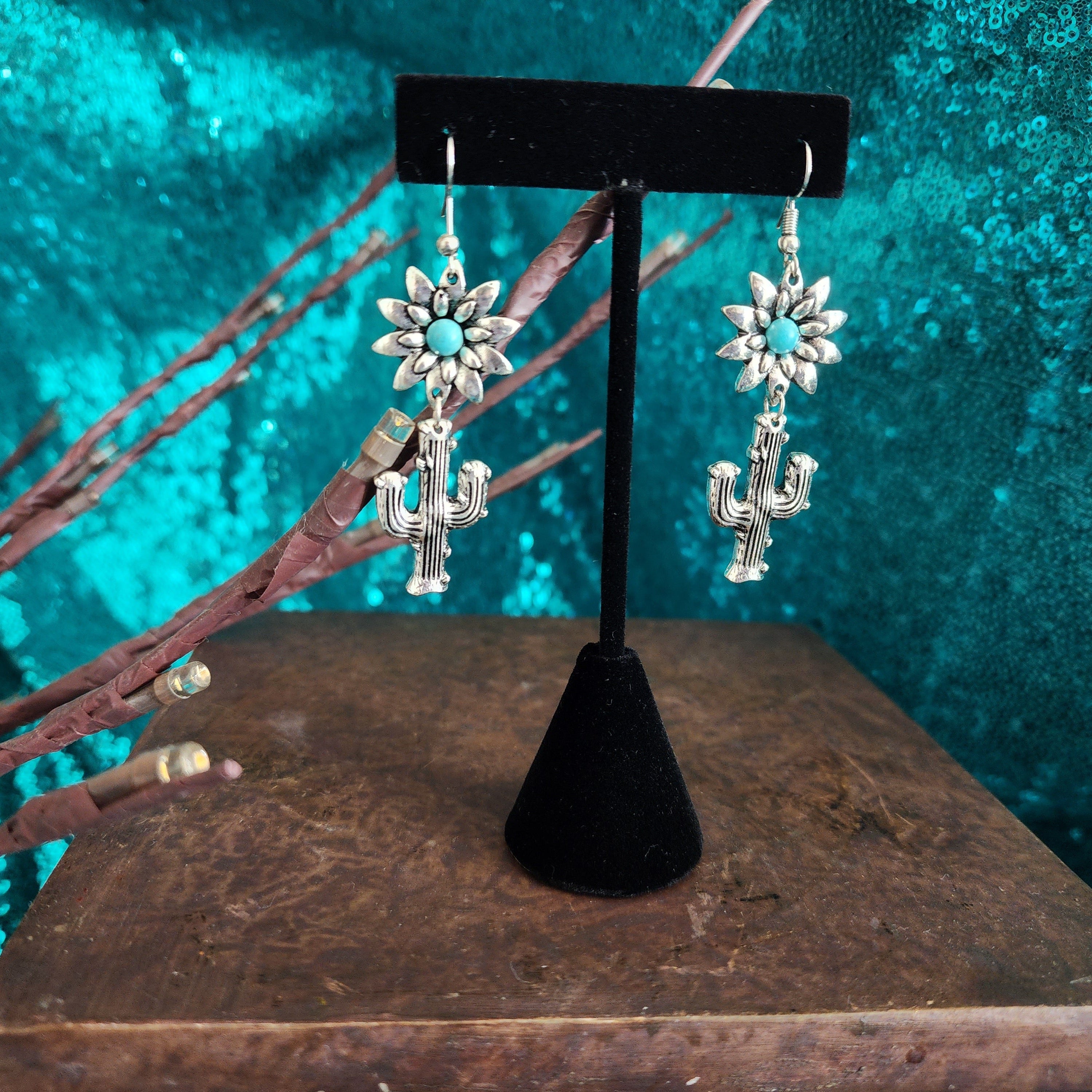 turquoise flower cactus dangle earrings western boho silver tone statement jewelry