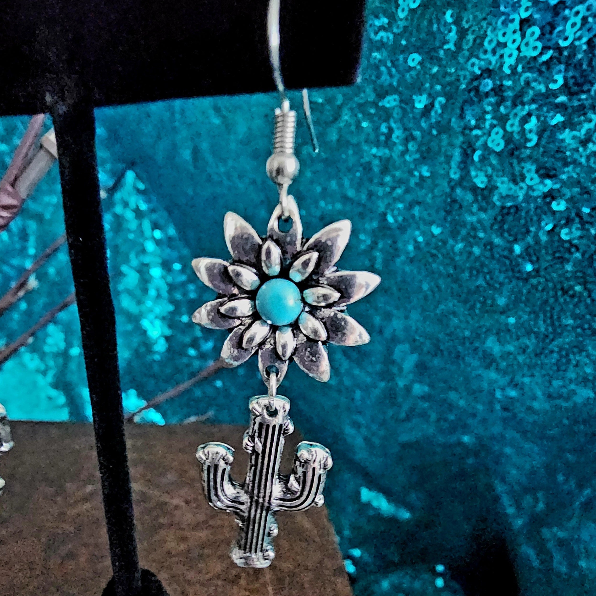 Turquoise Flower Cactus Dangle Earrings Western Boho Silver Tone Statement Earrings