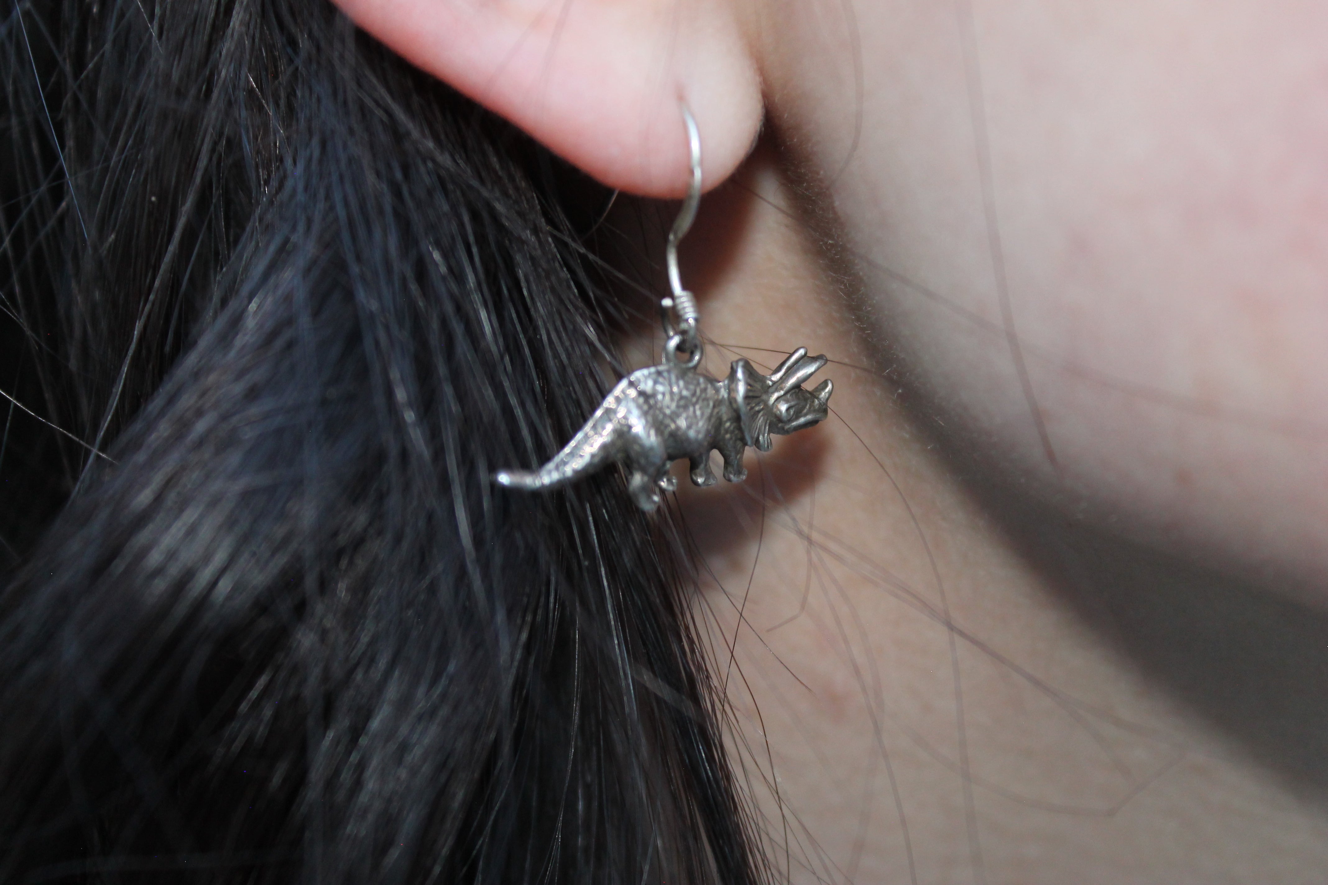 Dinosaur Dangle Earrings Triceratops Silver Tone Cute Animal Drop Earrings Fun Jewelry