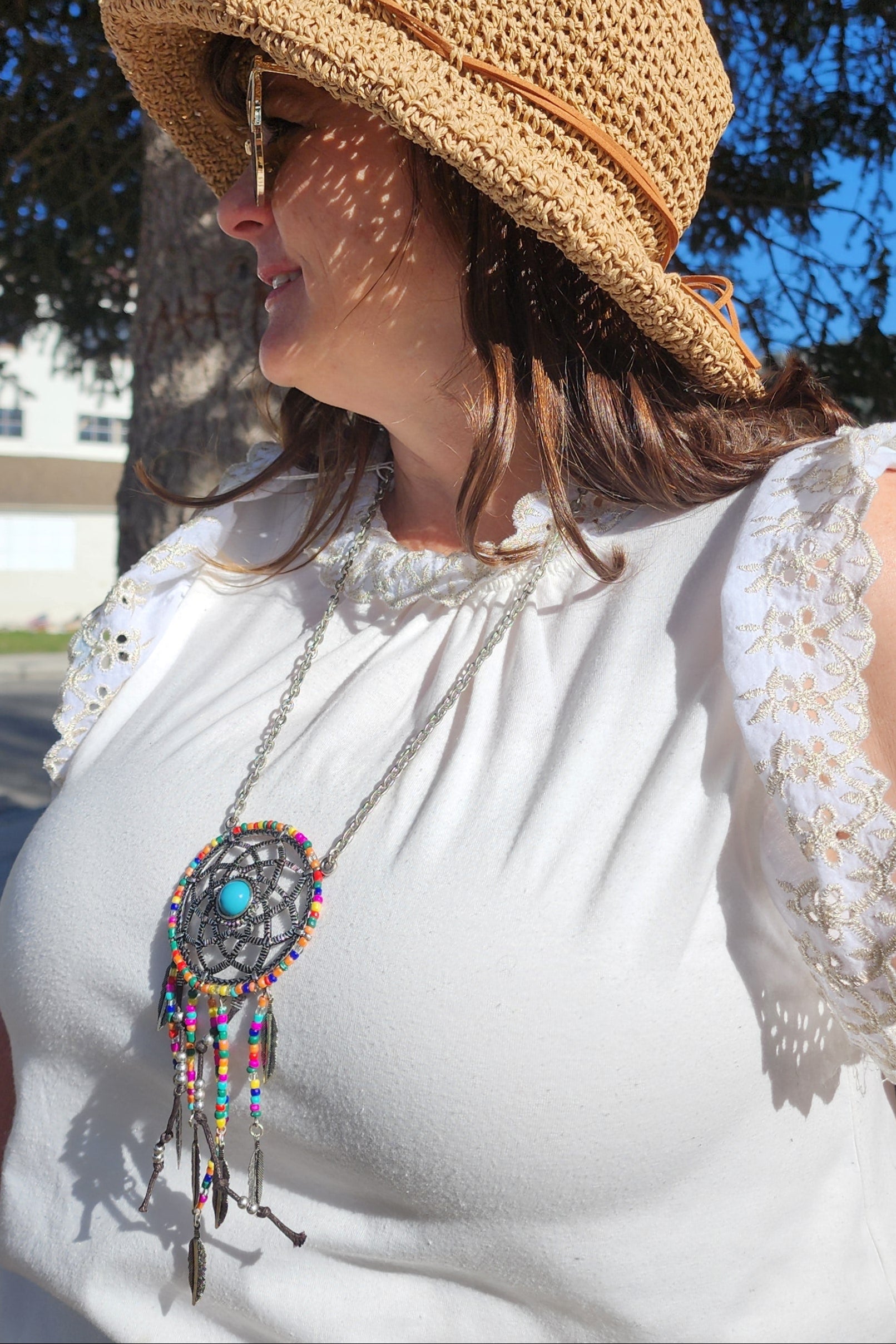 dreamcatcher necklace turquoise boho feather pendant beaded fringe 18 inch chain