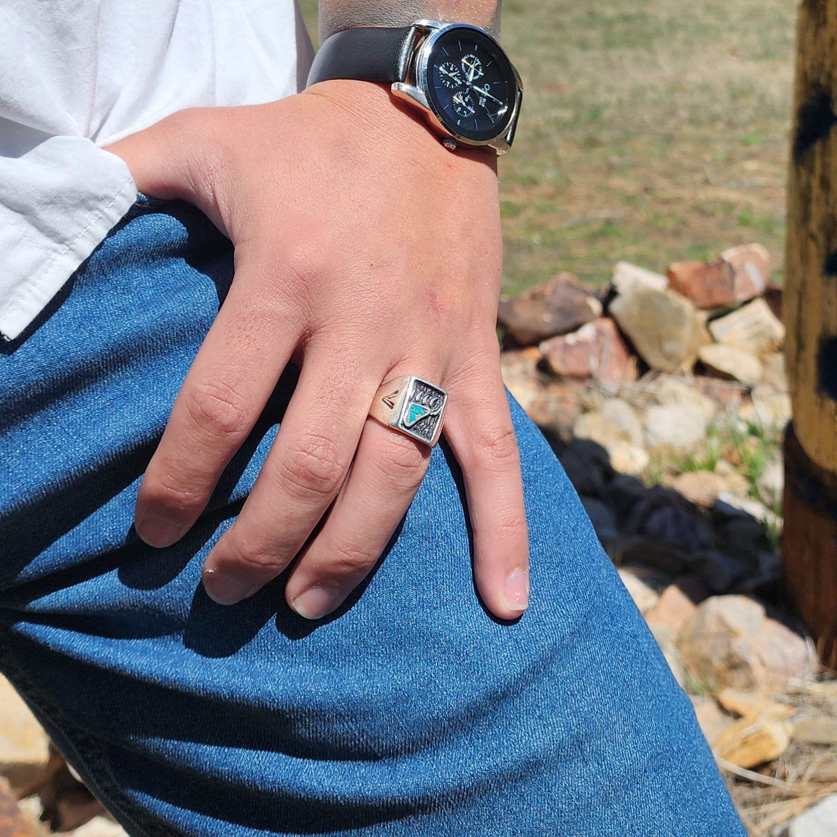 Old Pawn Navajo Sterling Silver Turquoise Inlay Bear Paw Tribal Ring Size 11.5