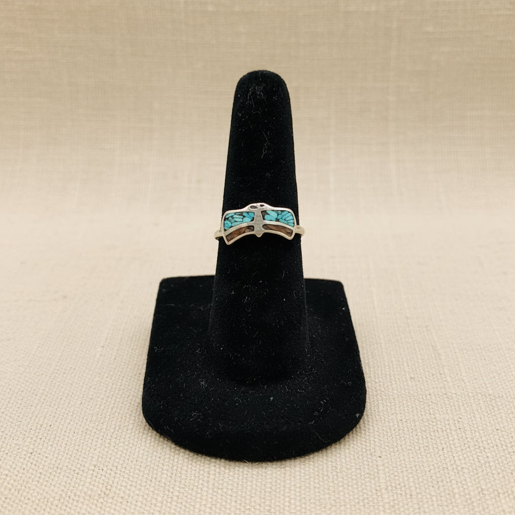 Fox Turquoise and Coral Inlaid Gemstone Sterling Silver Band Ring Size 5