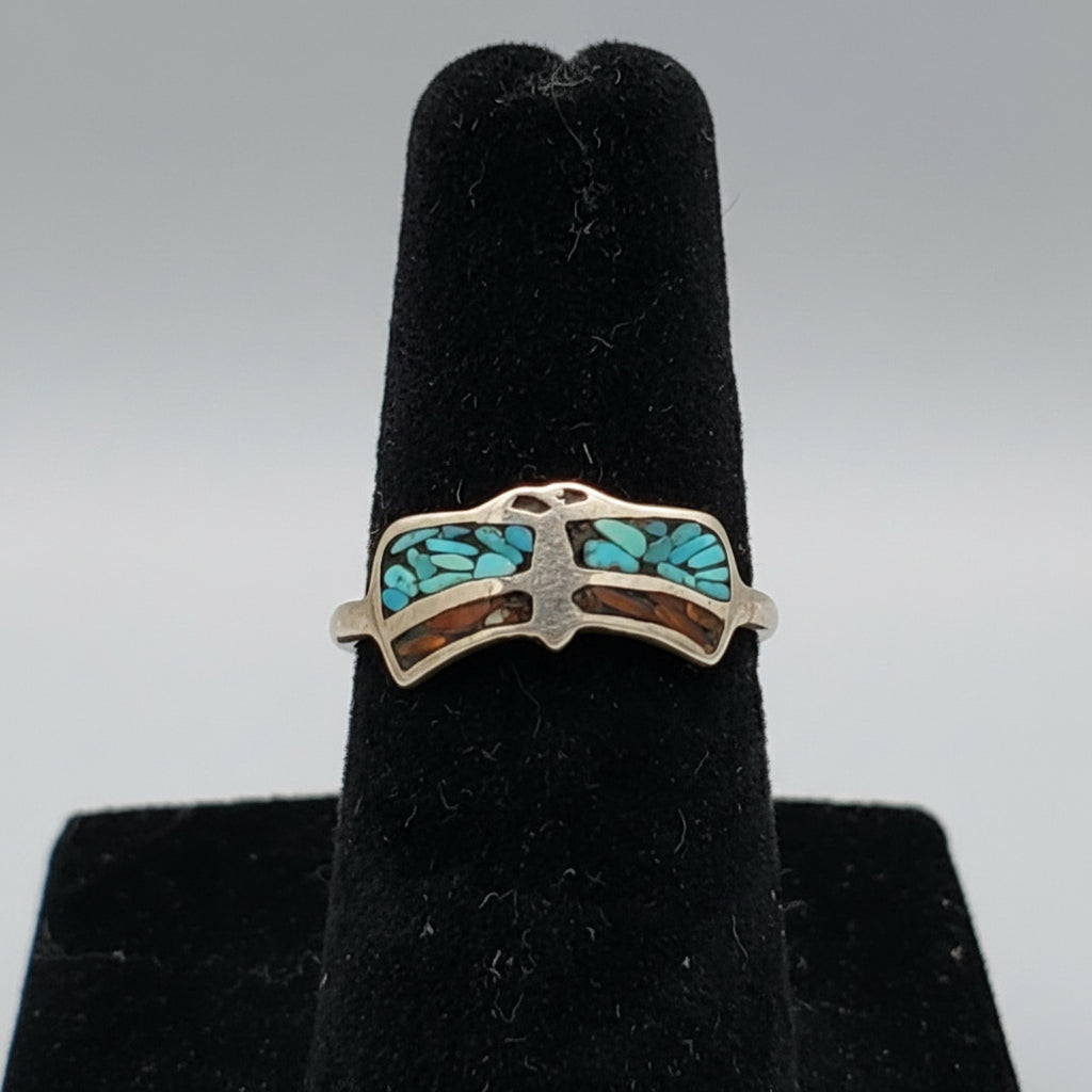 Fox Turquoise and Coral Inlaid Gemstone Sterling Silver Band Ring Size 5