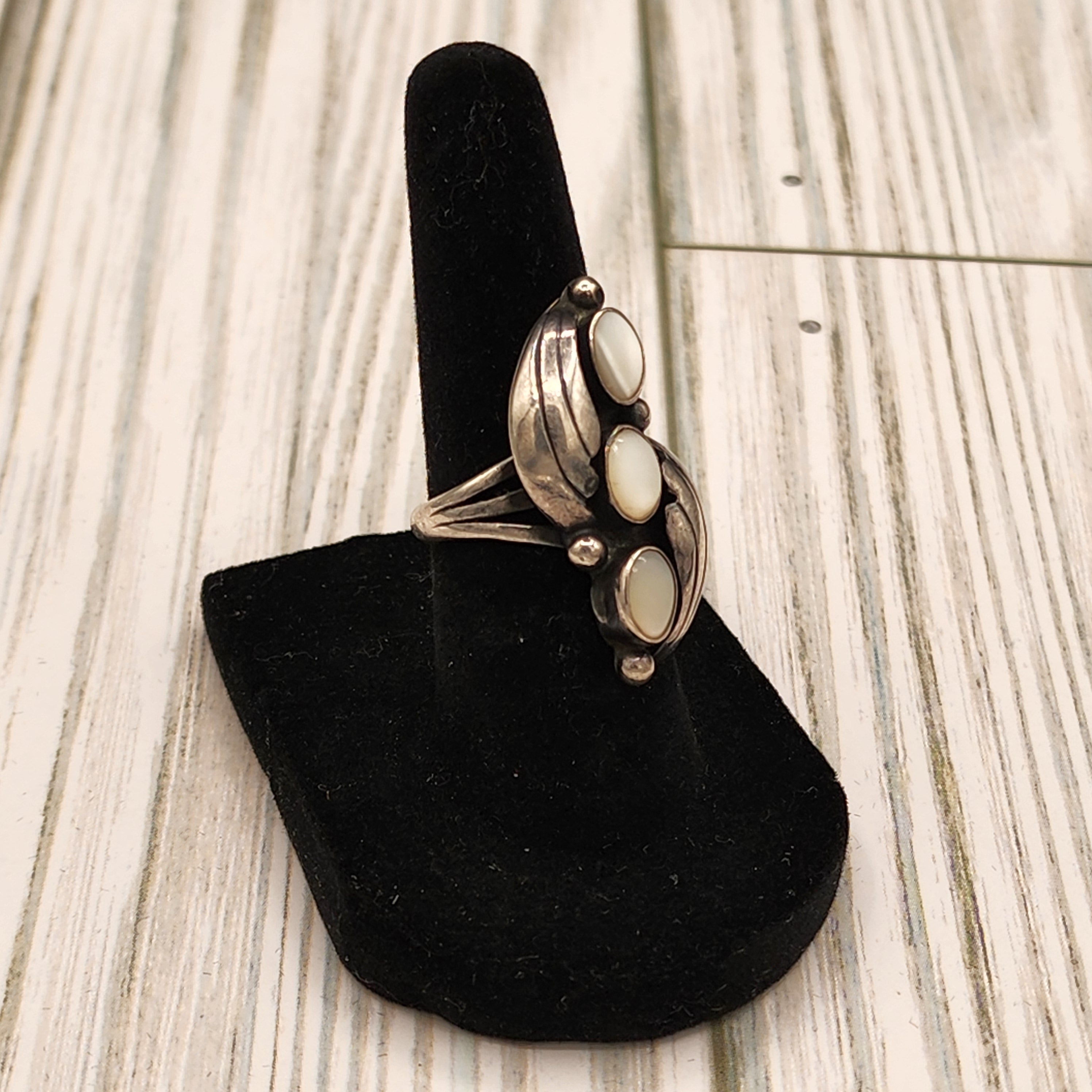 Vintage Navajo Three White Opal Gemstones Embellished in Sterling Silver Swirls Split Band Ring