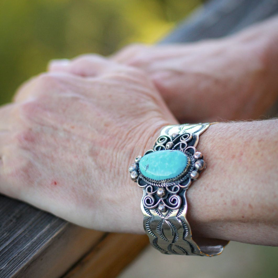 Navajo Turquoise Cuff Bracelet Nickel Silver by Cleveland
